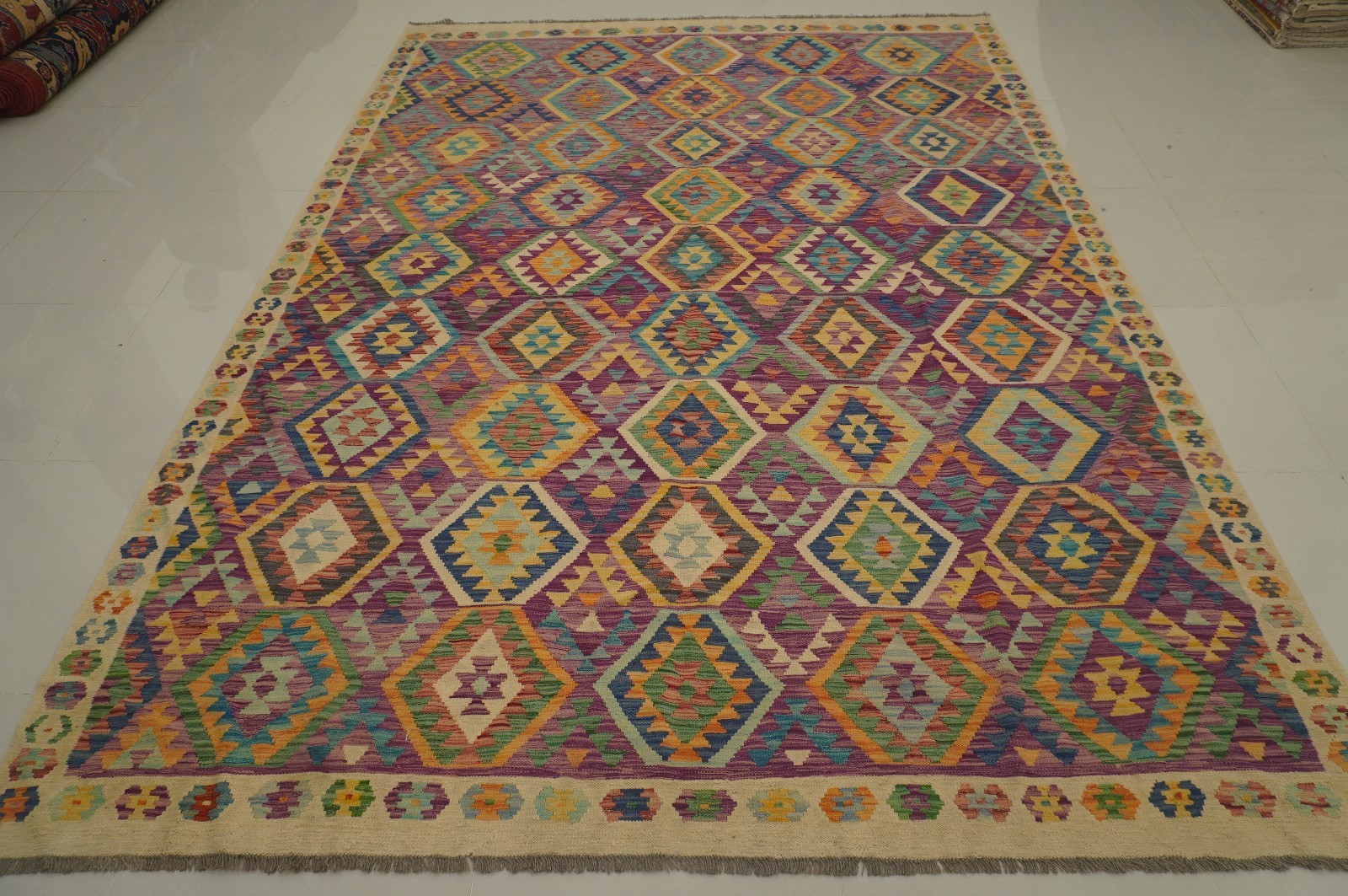 8×11 ft Purple Afghan Handmade Geometric Wool Kilim Area Rug (8’2″x11’2″)