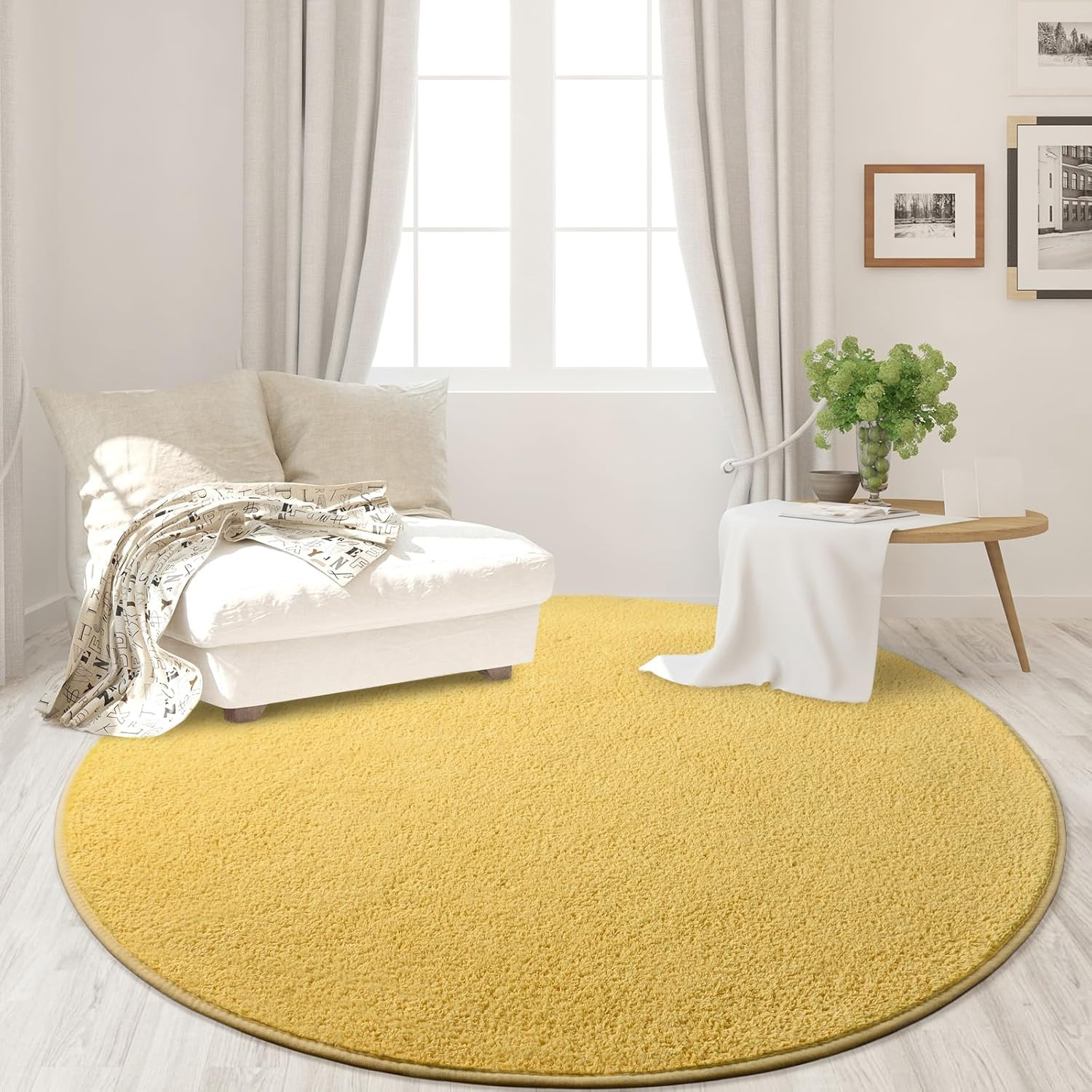 round Area Rugs for Bedroom Living Room, 4X4 Yellow Super Soft Comfy