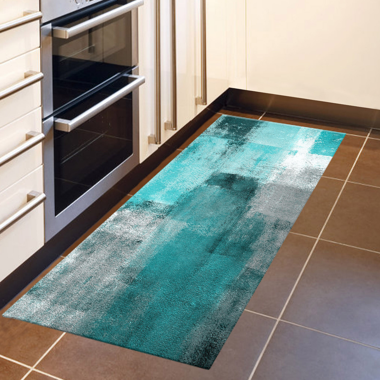 Teal Blue Abstract Geometric on Gray Kitchen Mats for Floor Washable Rugs