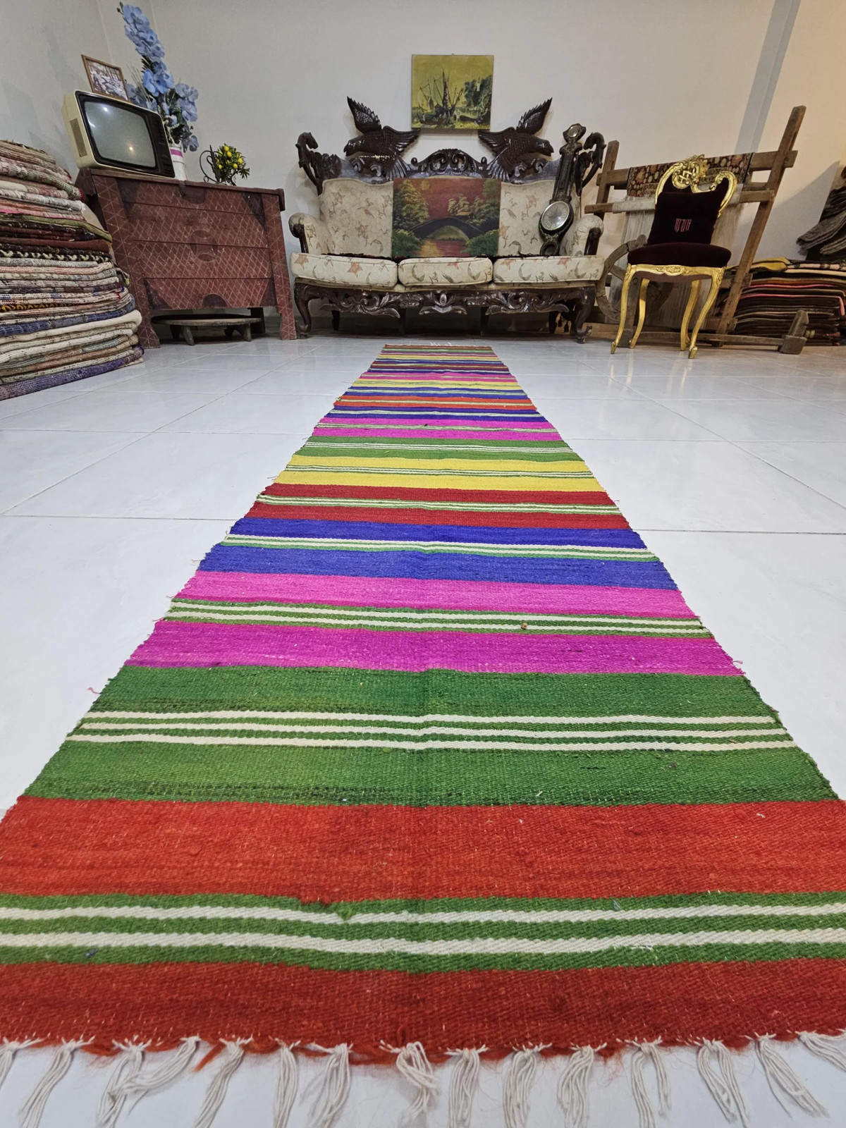 Vintage Turkish Kilim Runner: 1.9 x 9.3 ft, Colorful Striped Wool Flatweave Rug