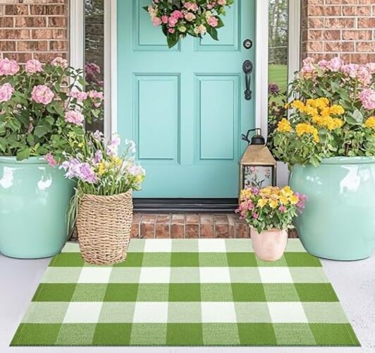 Buffalo Plaid Door Mats Outdoor 24”X35” Green and White Checked Outdoor Rug