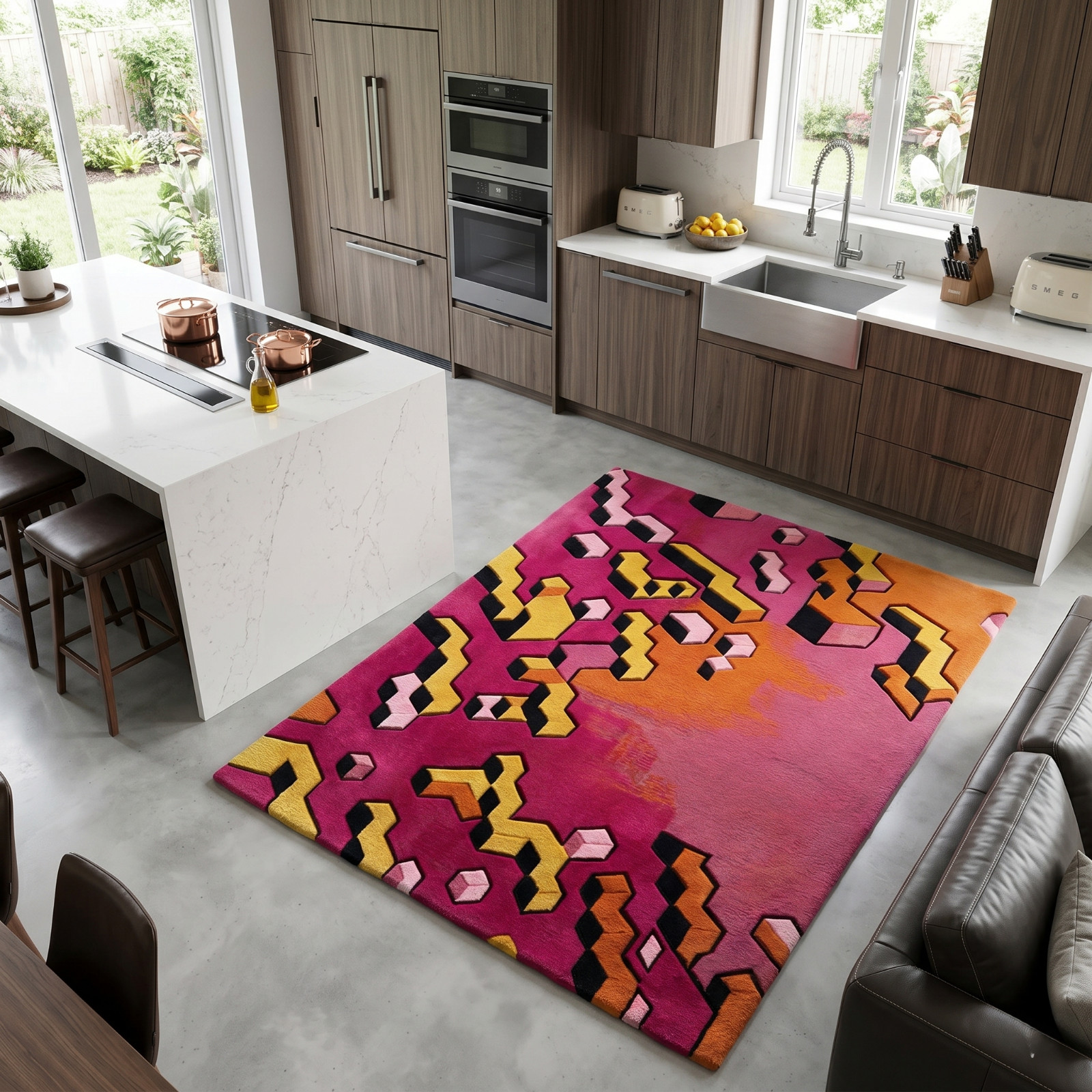 Modern Luxury Bedroom Interior with Vibrant Pink and Orange Geometric Decor