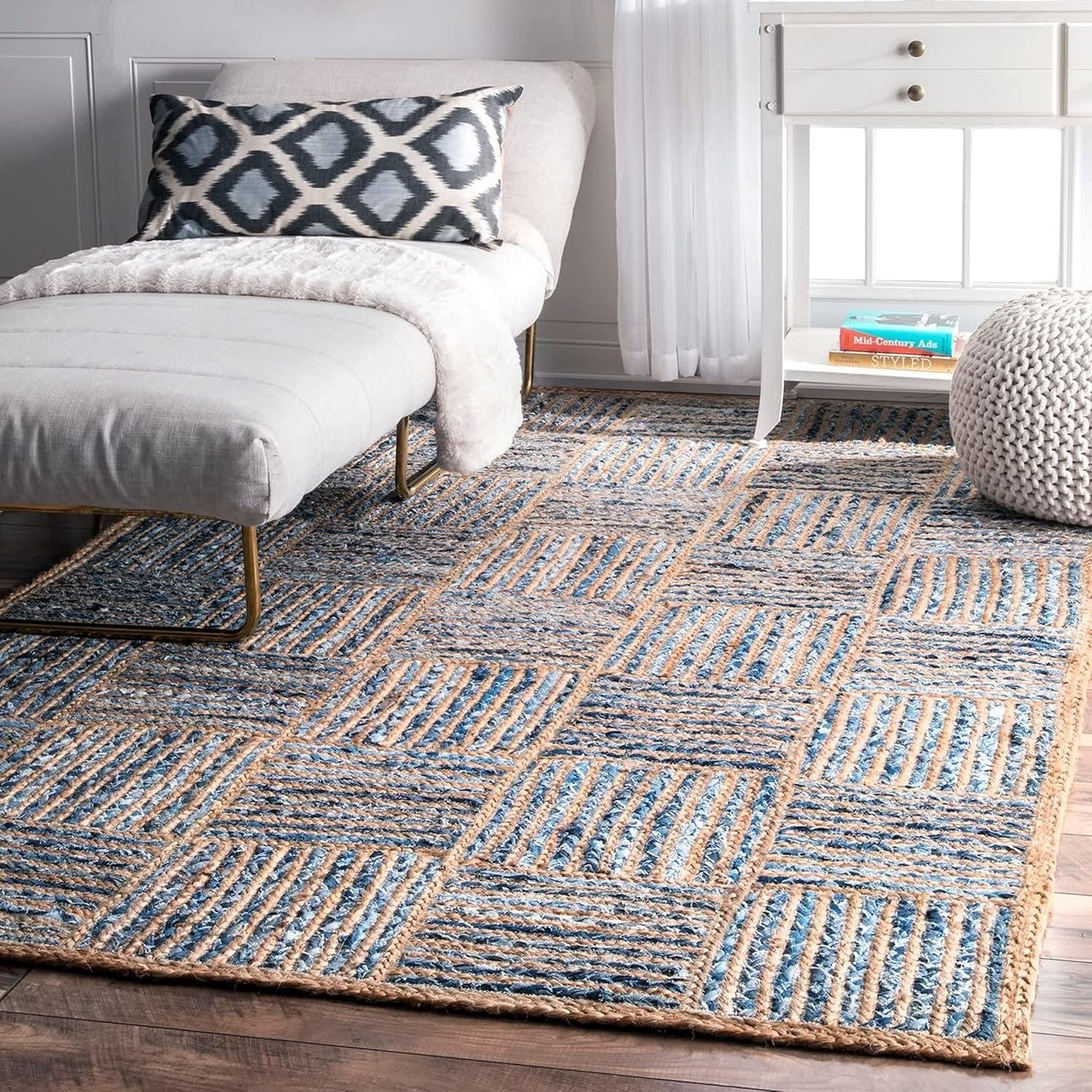 Rug Denim & Jute Rectangle Box Design Area Handmade Carpet Braided Modern Rug