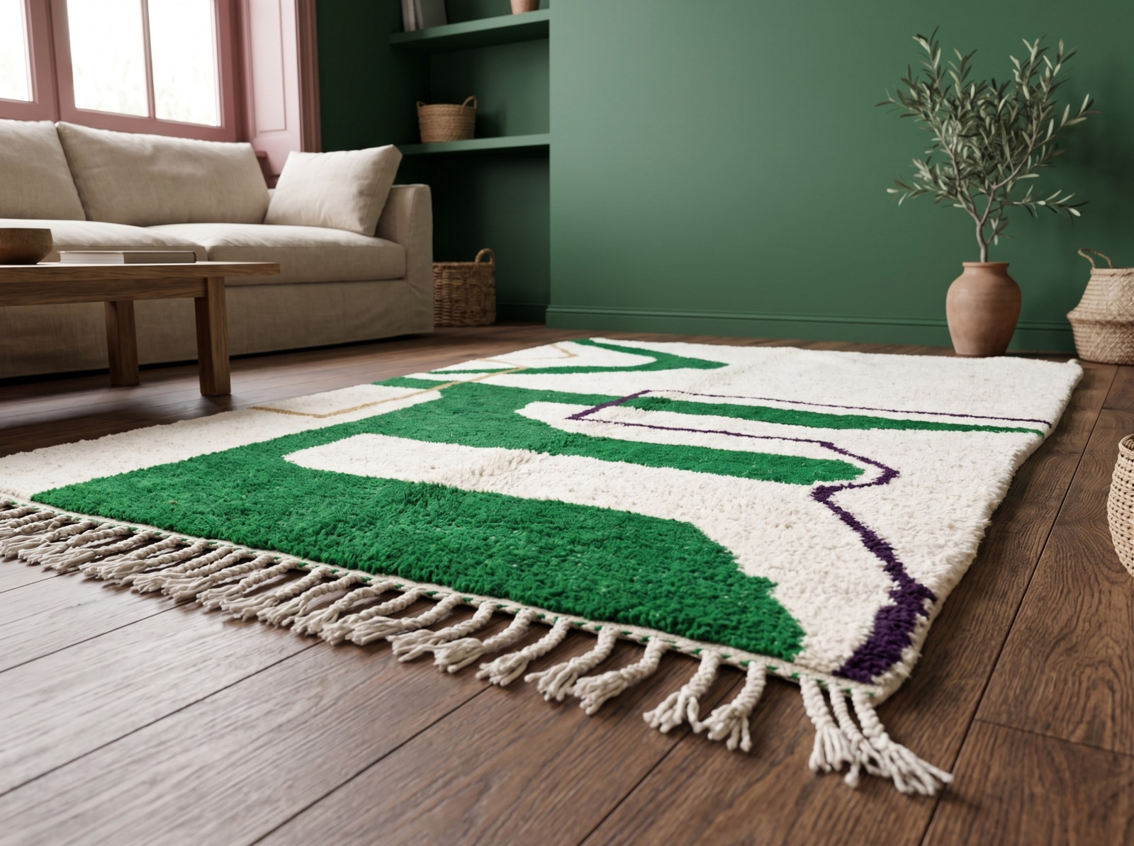 Handmade Moroccan Berber Wool Rug Beni Ourain Style Green Boho Area Rug Custom