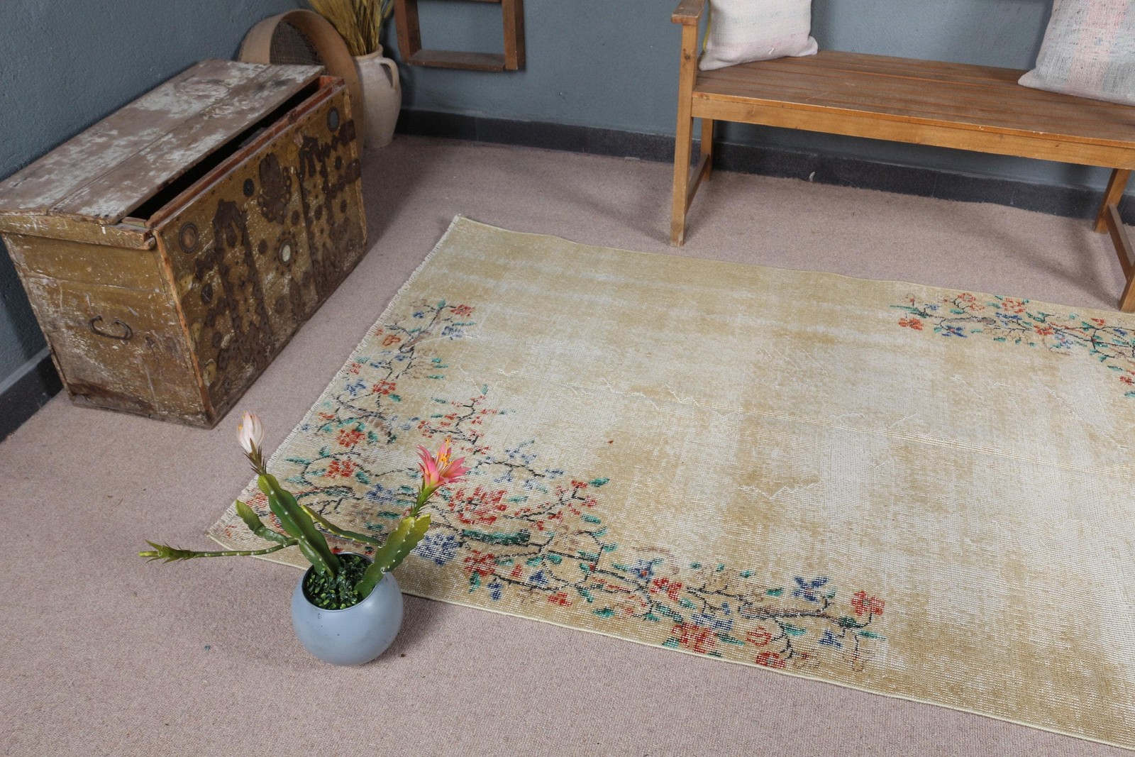 4,3×7,5 ft Rug, Area Turkish Rug, White Moroccan Rug