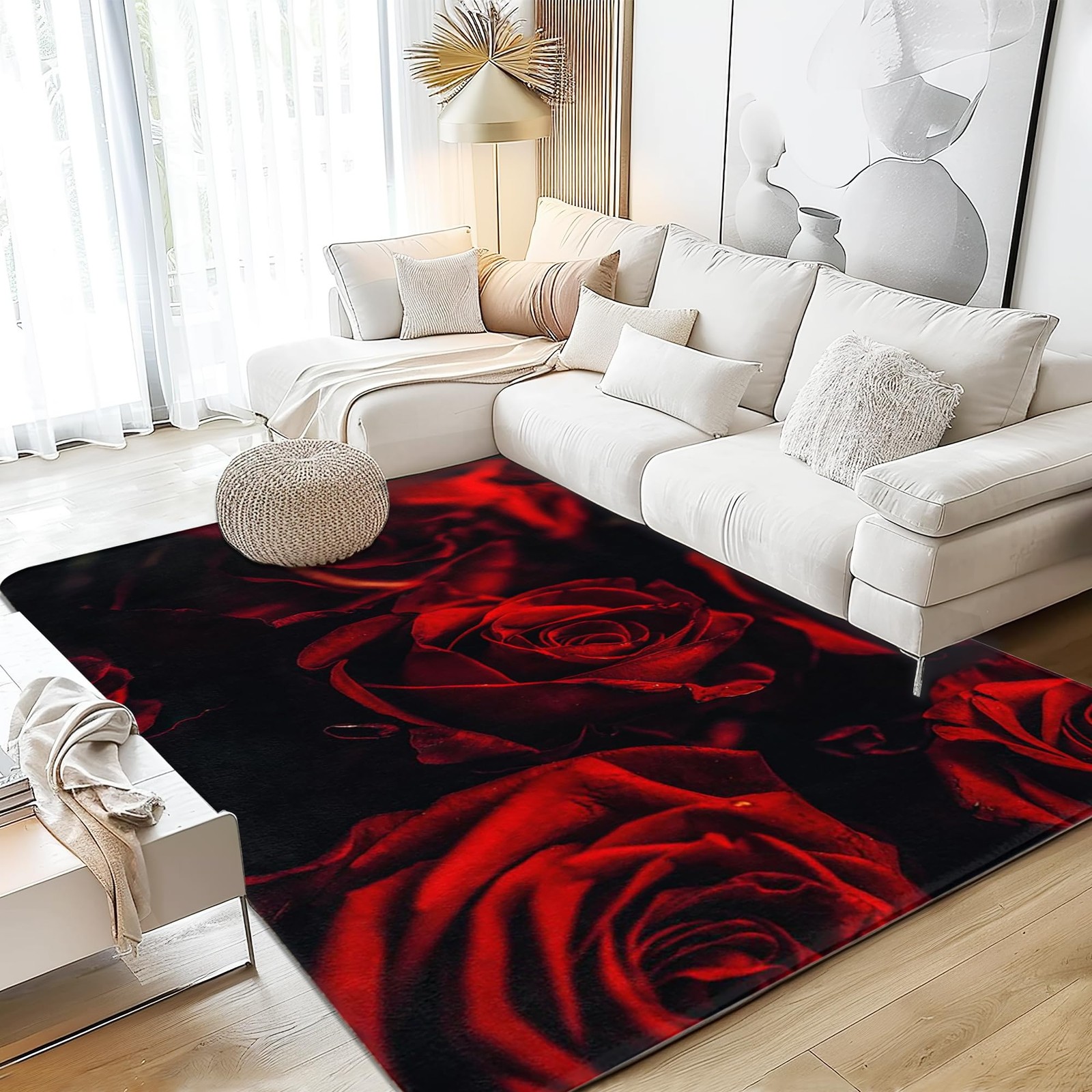 Rose Area Rugs 5’x7′ Machine Washable Rugs Living Room Rugs Abstract Red Rose…