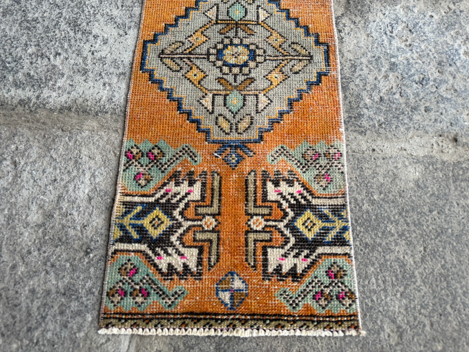 Vintage Oushak Rug 1.2×3.1 ft Burnt Orange Grey Turkish Small Accent Rug