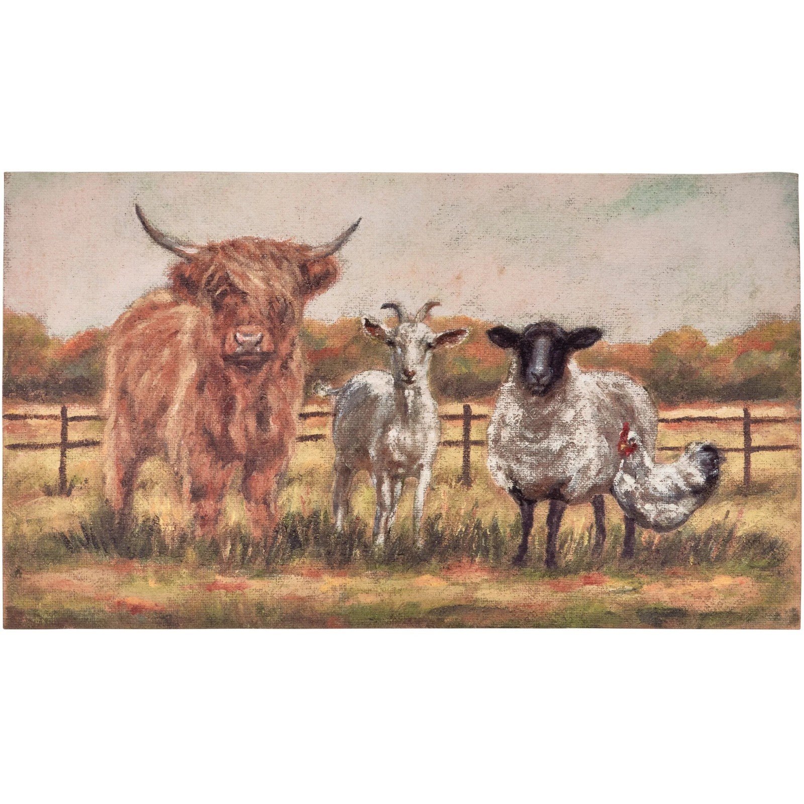 Fall Farm Family Indoor or Outdoor Rug 34″ x 20″ Highland Cow, Goat, Lamb NWT