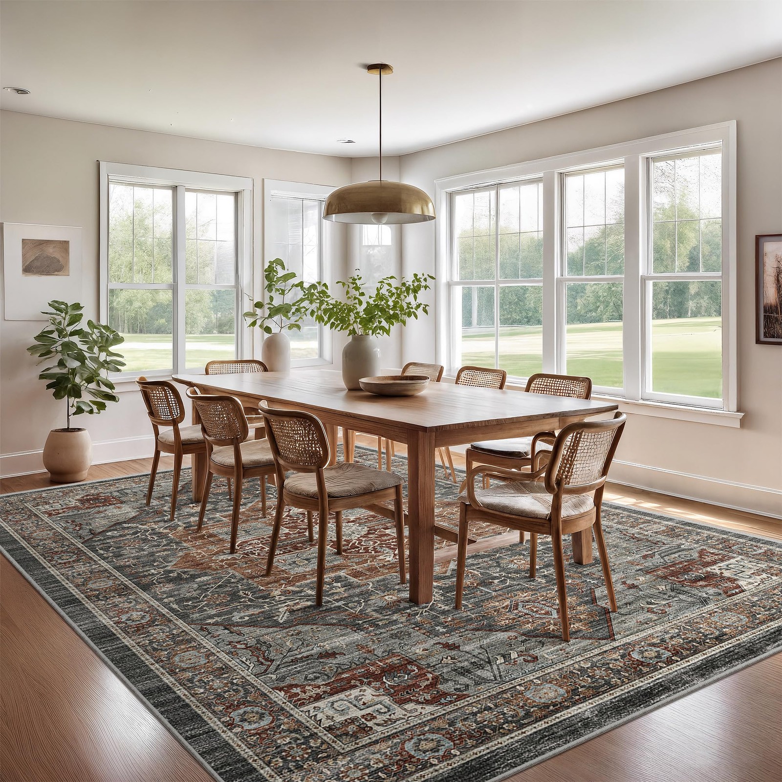 8×10 Washable Area Rugs, Vintage Non Slip Rug, Grey/Brown/Tan