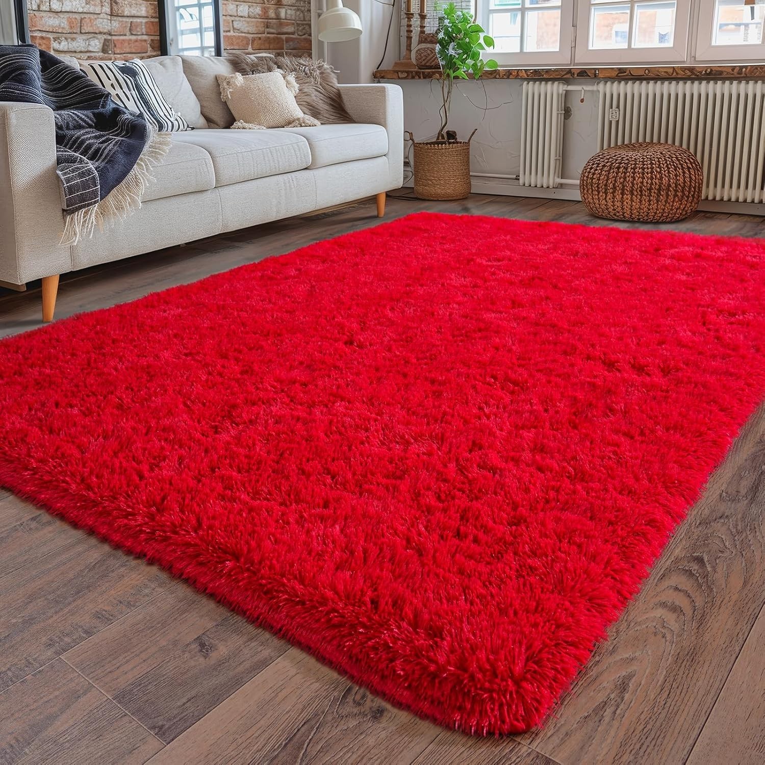 Super Fluffy Rug for Bedroom, 4×6 Feet, Modern Shag Red Area Rugs, Soft and