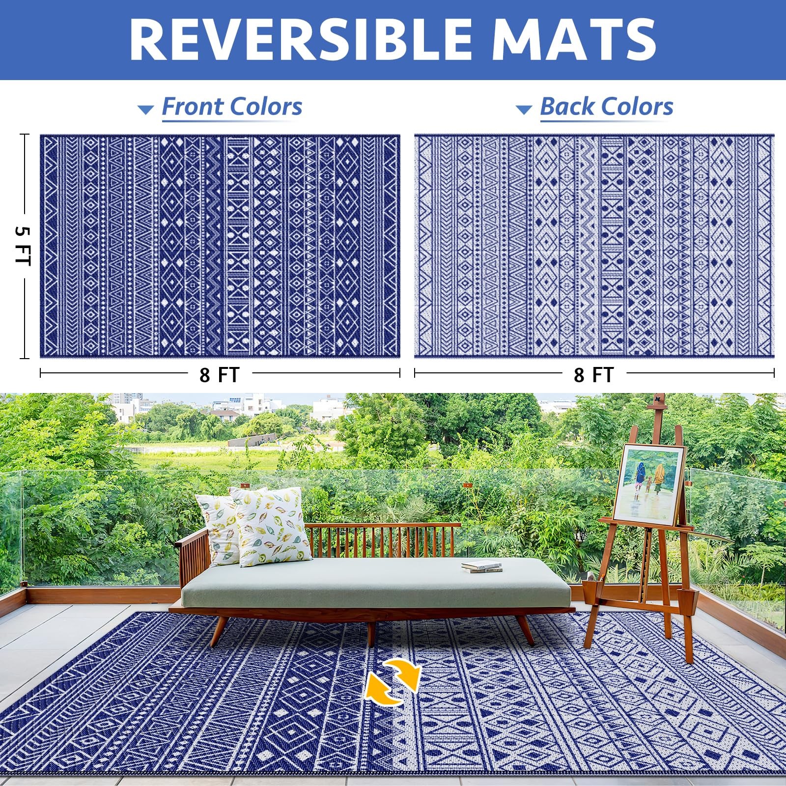 Outdoor Rug 5×8 ft, Reversible Waterproof Outdoor Plastic Straw Rug, Patio Ru…