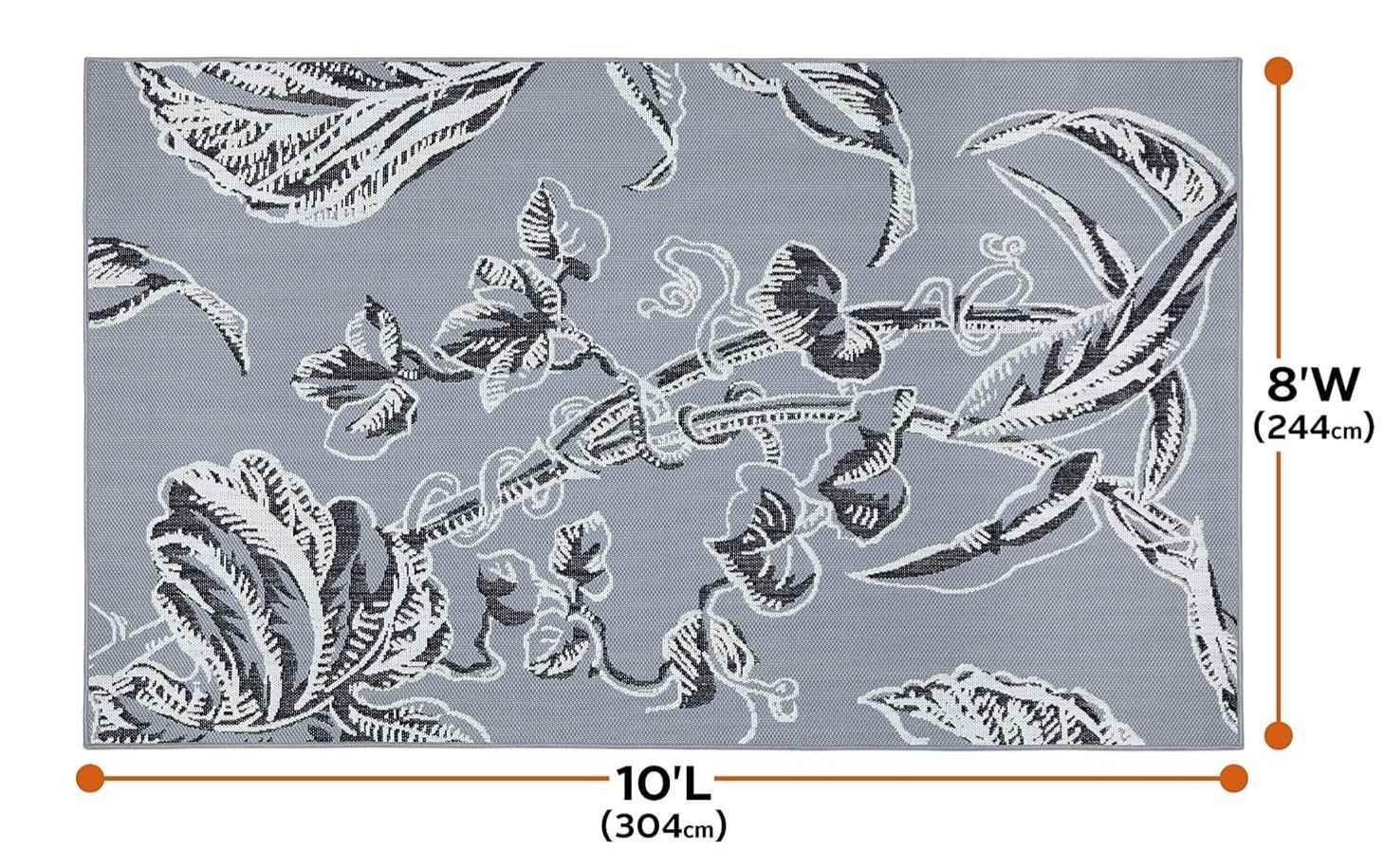 Outdoor Floral Area Rug 8×10 ft Rectangle, Gray/White/Black, 0.25 in Thick