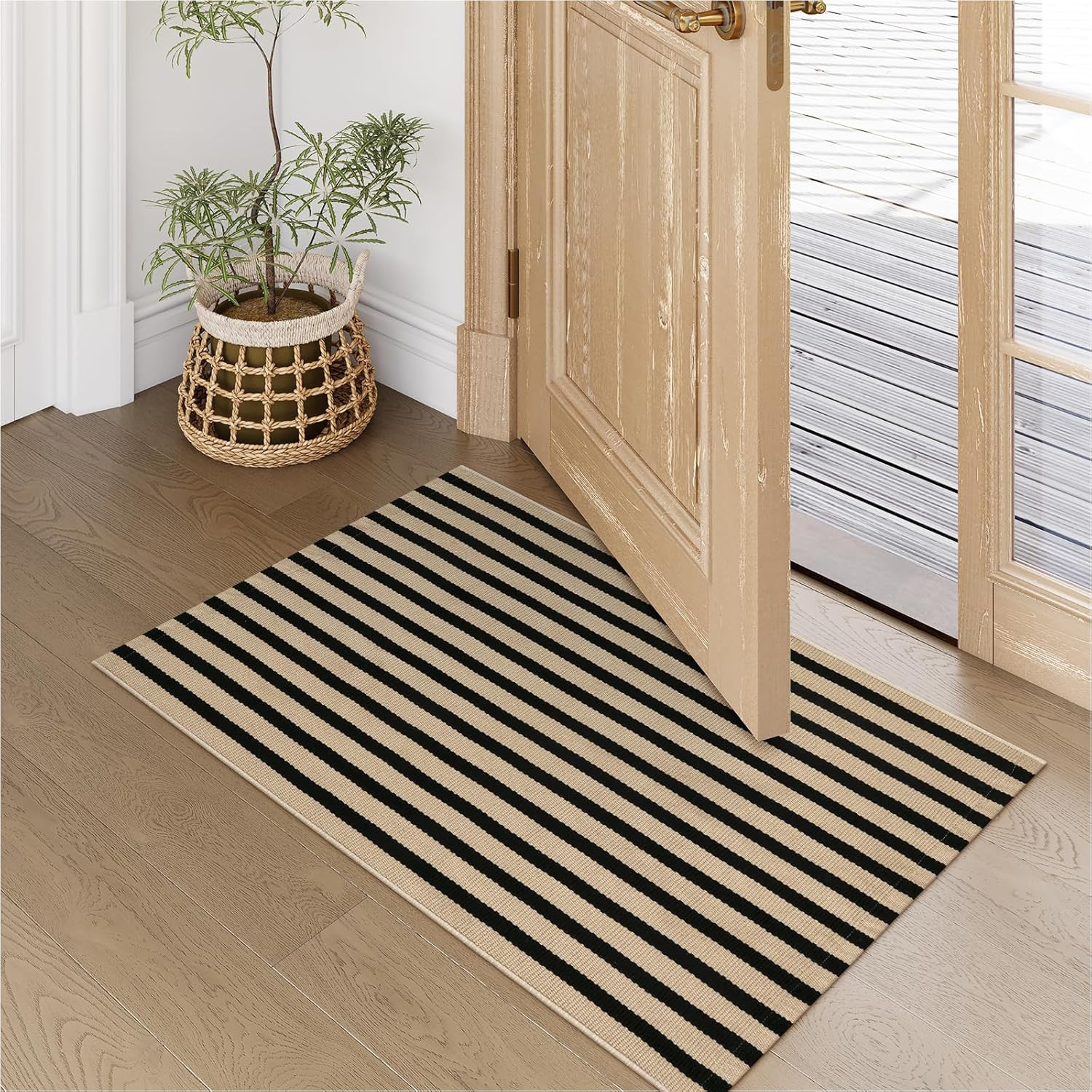 Black and Tan Striped Outdoor Rug, 2 x 3 Small Cotton Front Porch Rug Washable F