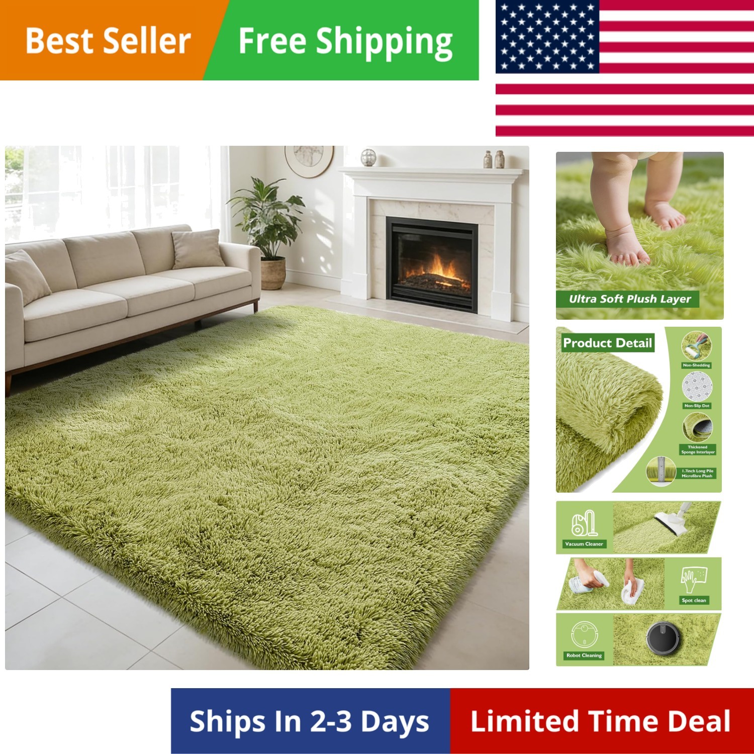 8×10 Fluffy Area Rugs for Living Room,Shag Area Rug for Bedroom,Grass Green S…