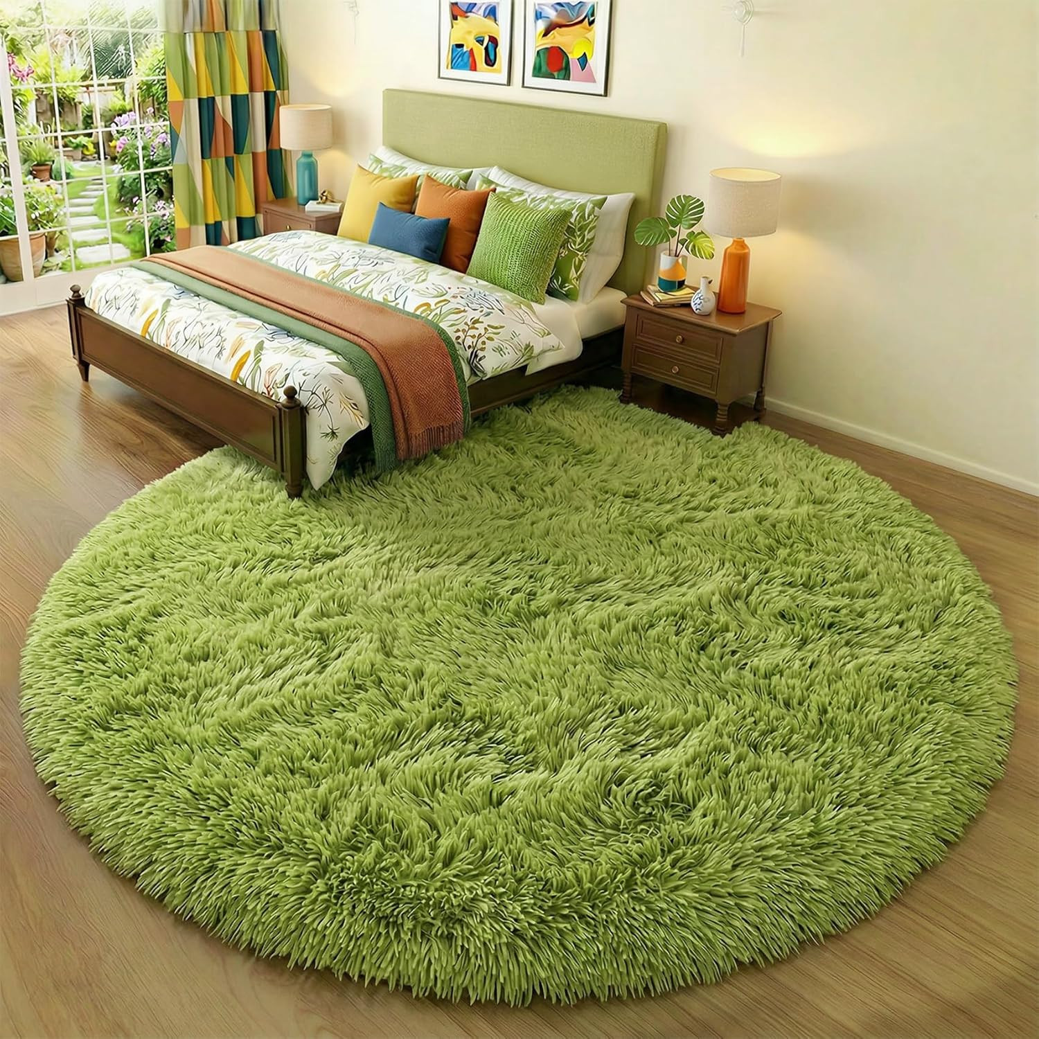 Grass Green round Rug 4Ft for Bedroom, Fluffy Shag Circle Area Rugs for Kids Roo