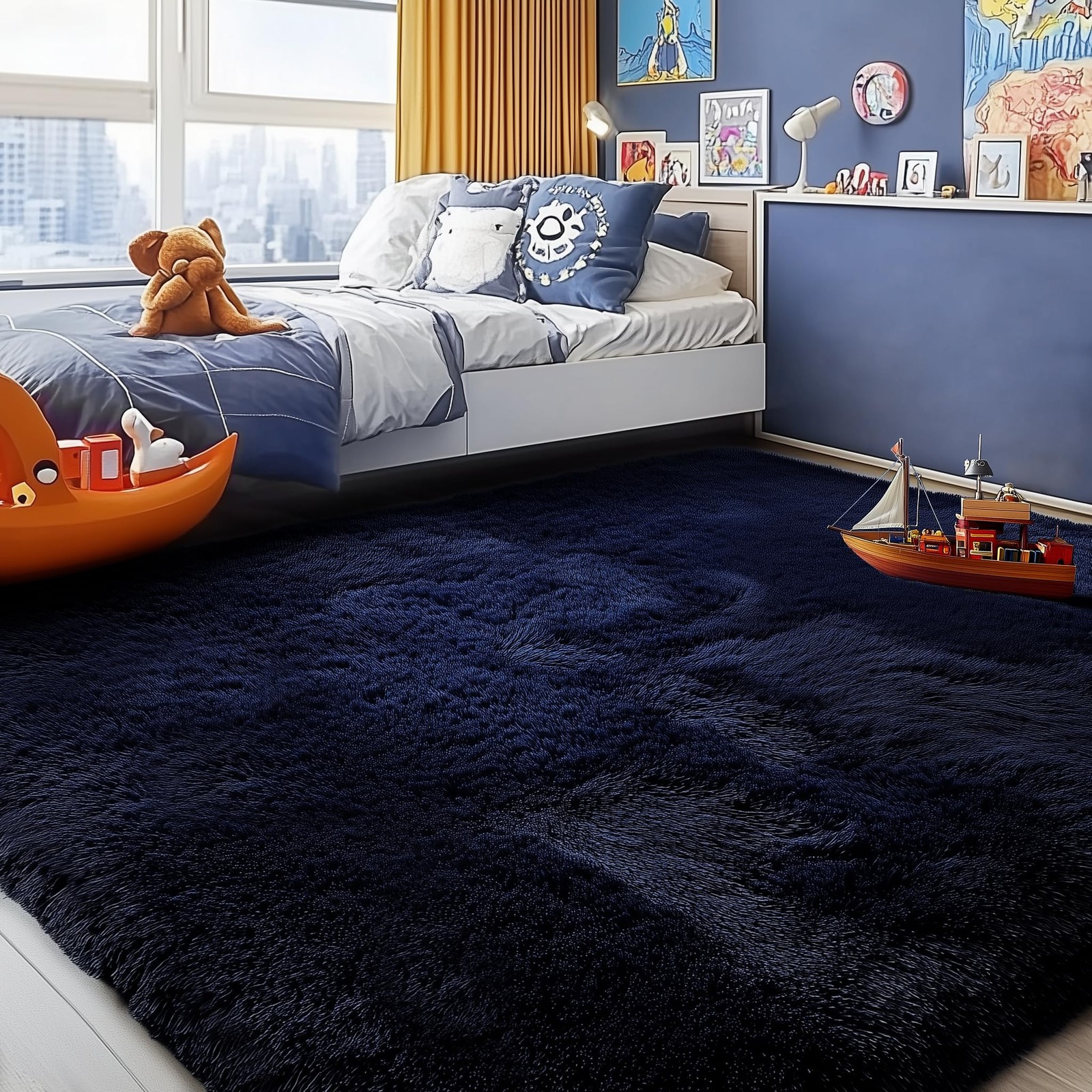 PAGISOFE Navy Blue Rug 4×6 Fluffy Dark Blue Bedroom Modern Indoor Carpet Soft