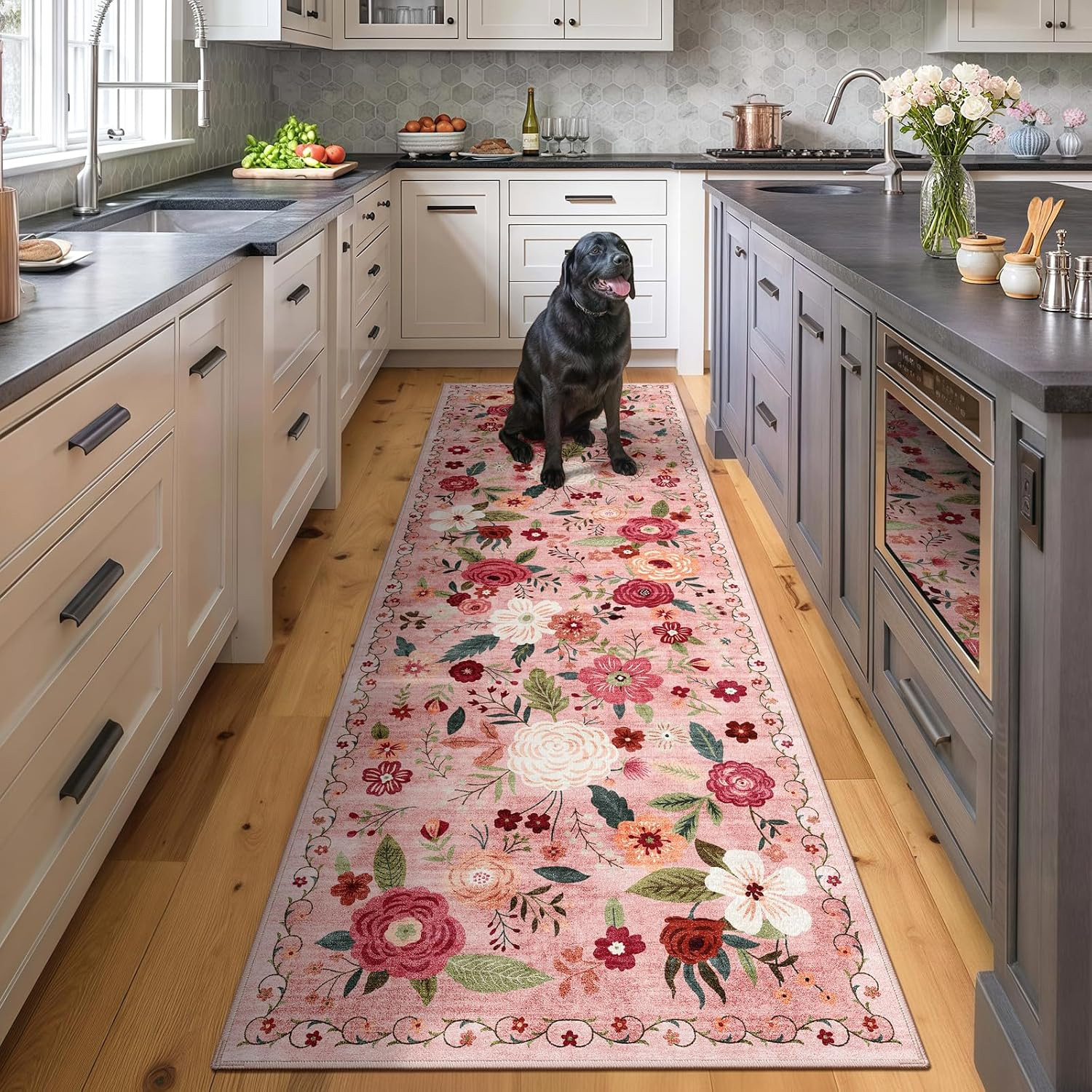2X6 Machine Washable Runner Rug, Kitchen Hallway Area Rug Dark Pink Vintage