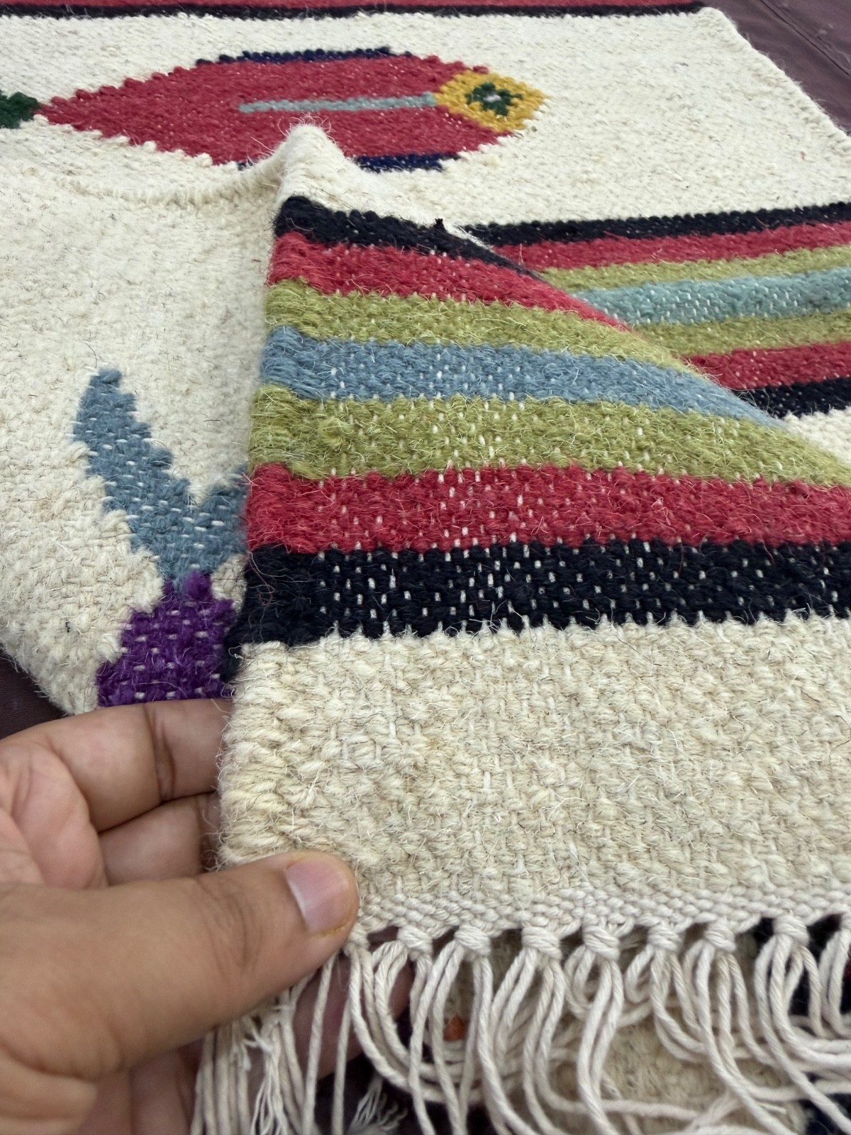 Hand Woven Wool Rug 2×3 Cream Tribal Fish Folk Art Striped Small Kilim for Kids