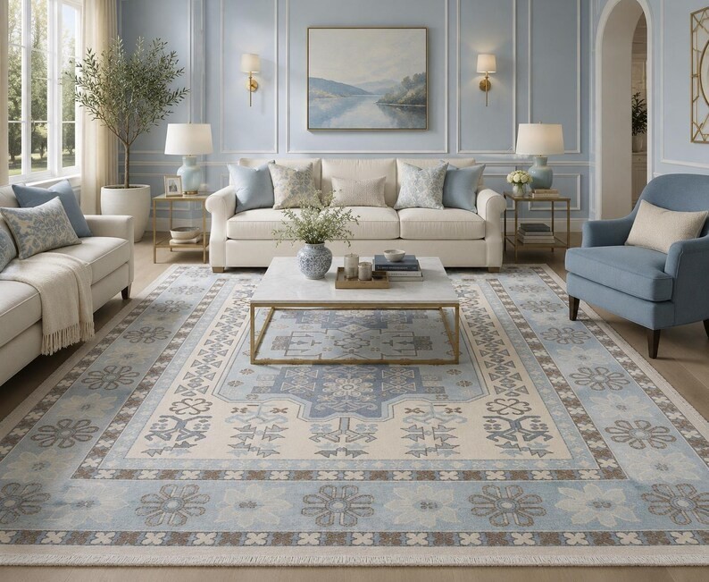 Hand Knotted Blue & Ivory Geometric Wool Area Rug For Bedroom