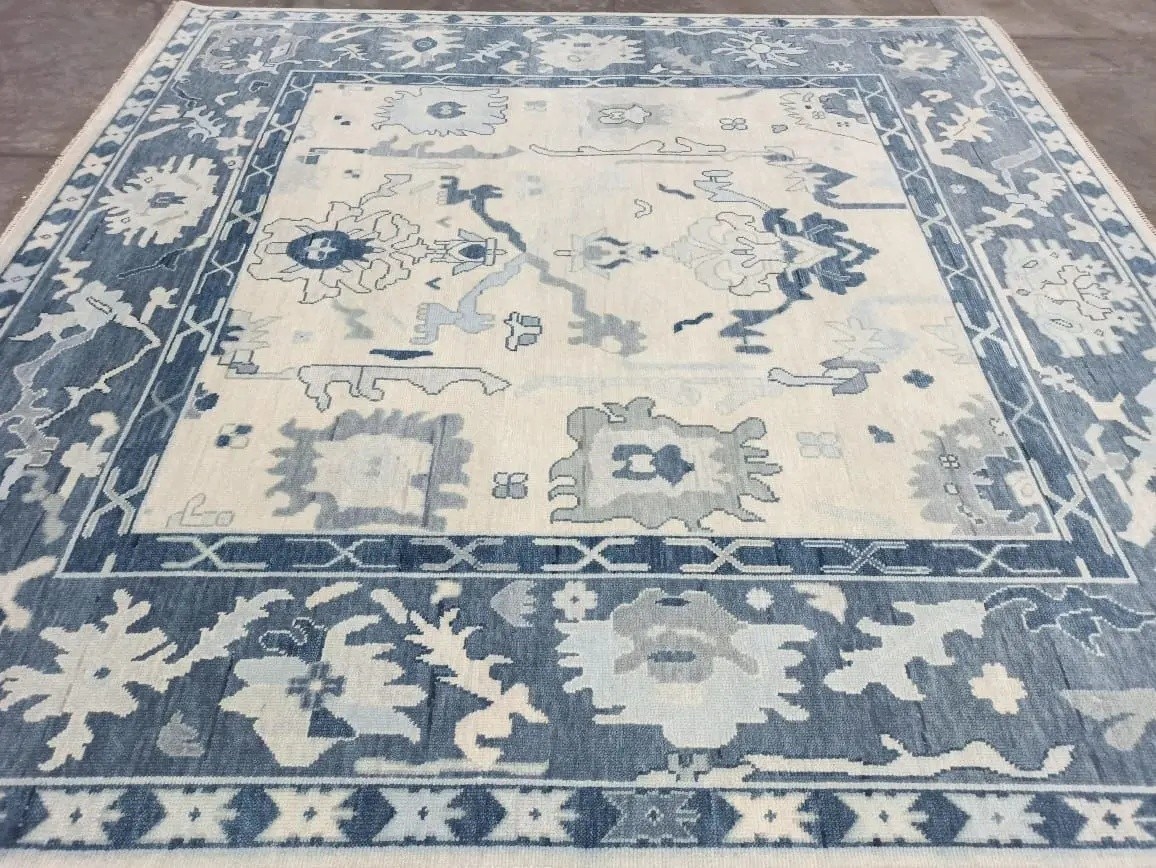 8×10 9×12 Blue Turkish Oushak Area Rug | Handmade Wool Vintage Distressed Carpet