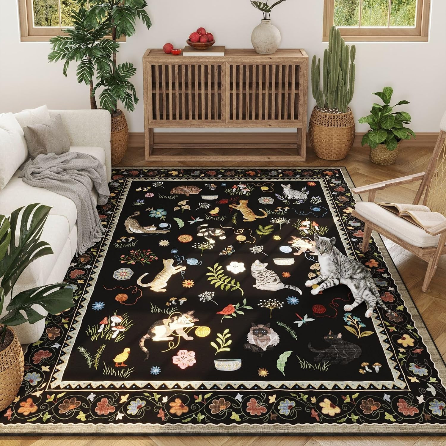 Boho Floral 5×7 Machine Washable Area Rug for Living Room & Kids Playroom