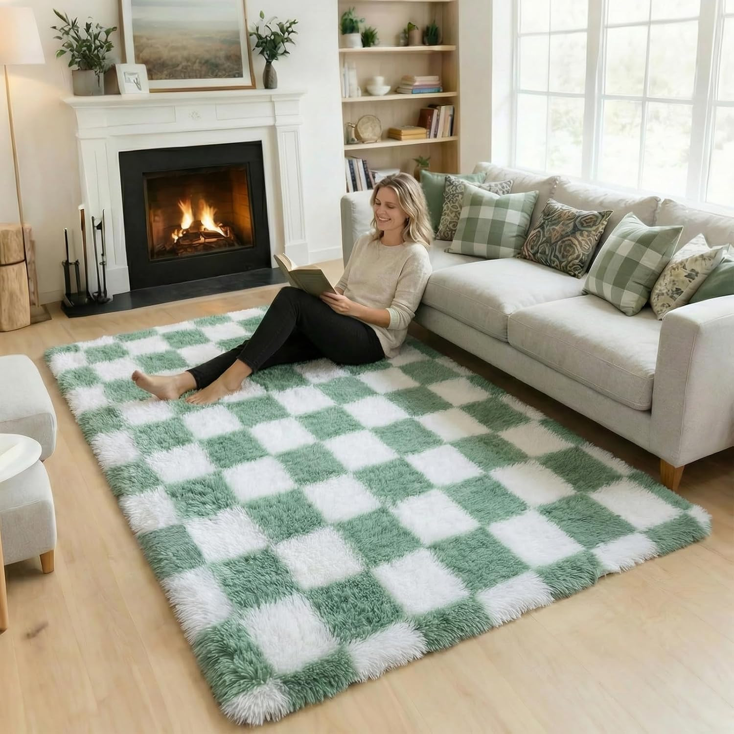 4X6 Rug for Bedroom Living Room, Fluffy Sage Green and White Checkered Area Rugs