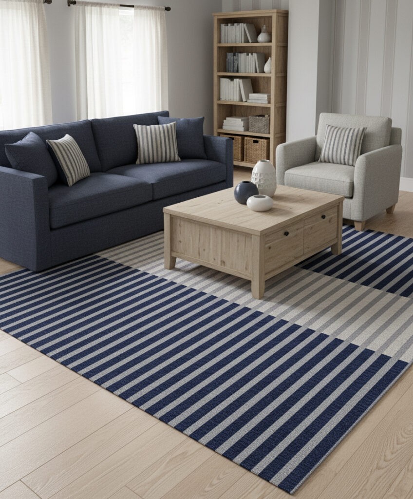 Hand Tufted NZ Wool Plain Wool Rug Hand Made Rug Maritime Stripe Hand Tufted