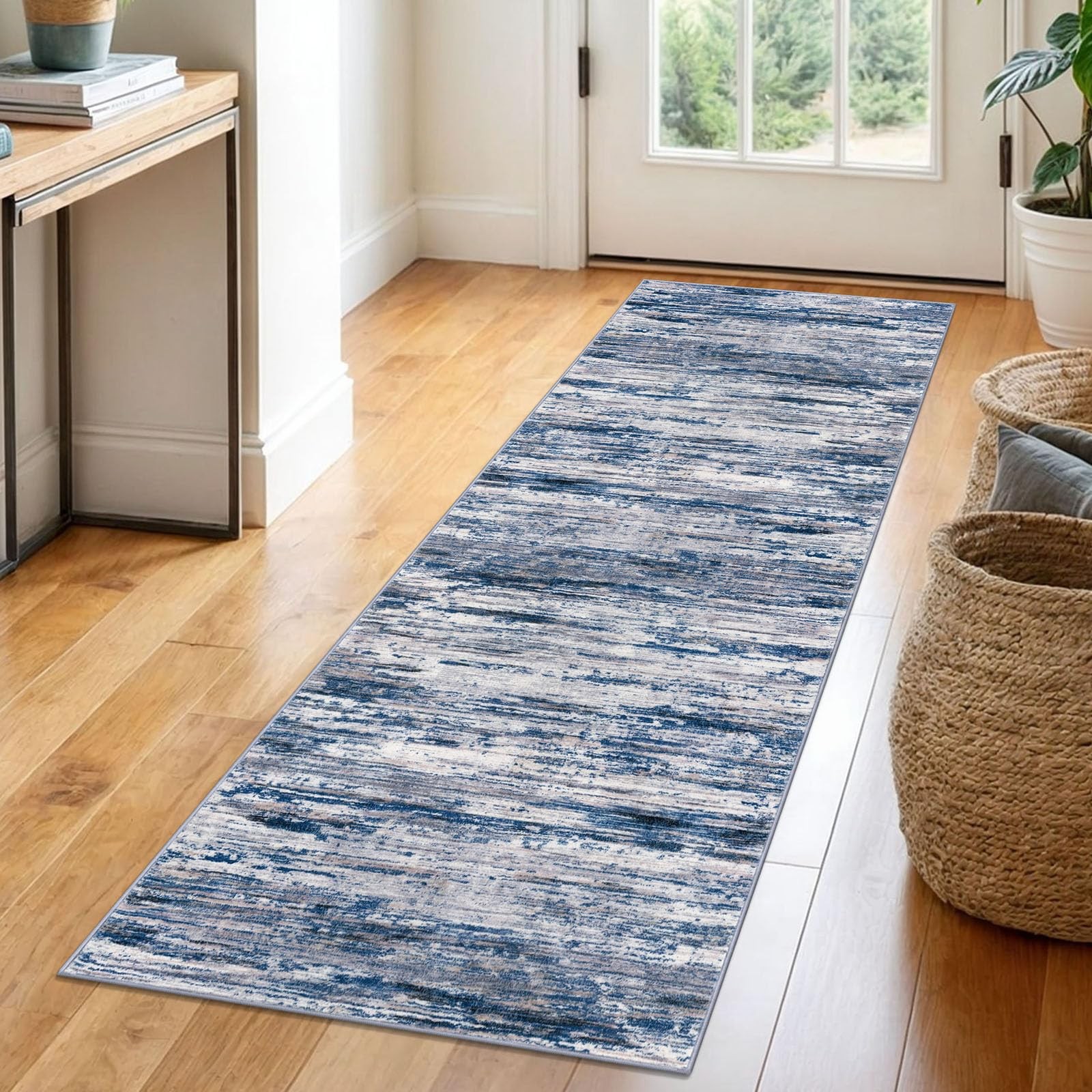 2×6 Navy Blue Gray Neutral Multi Modern Abstract Runner Rug for Hallways, Sup…