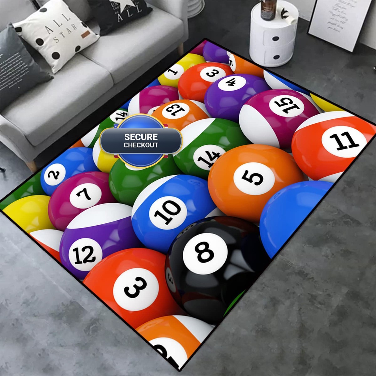 Reorzon Billiards Area Rug – 3D Digital Print Black Eight Ball Graphic Carpet