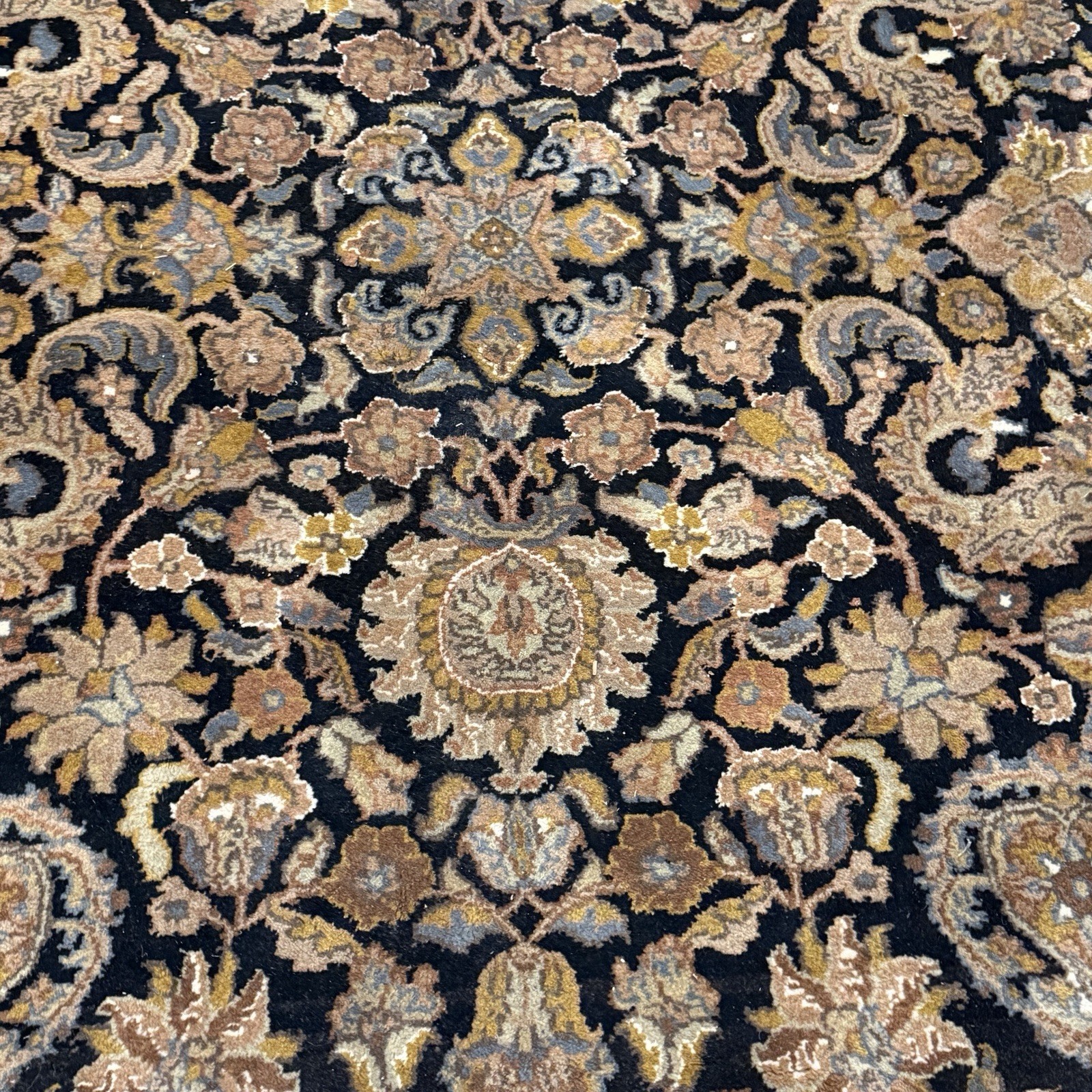 94×118″ Hand Knotted Wool Area Rug Carpet Black Red Beige Floral Needs Cleaning