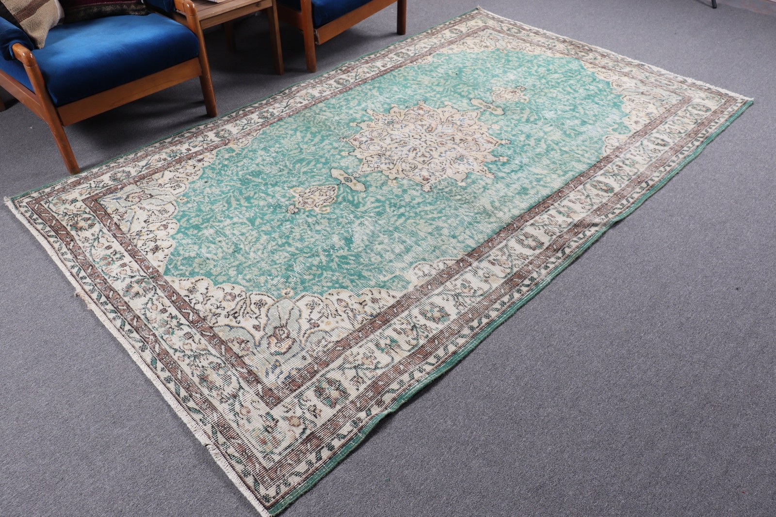 5,4×9 ft Rug, Turkish Vintage Large Rug, Green Rug Wool Rug