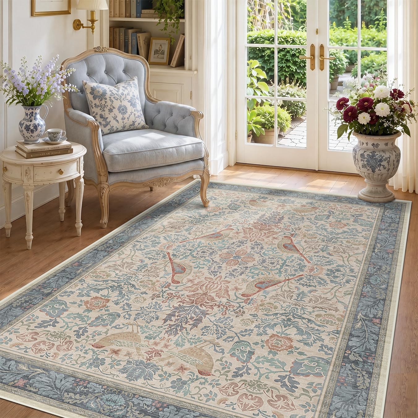 Boho Floral Bird Pattern 4×6 Large Mudroom Rug – Natural Red Blue Washable Re…