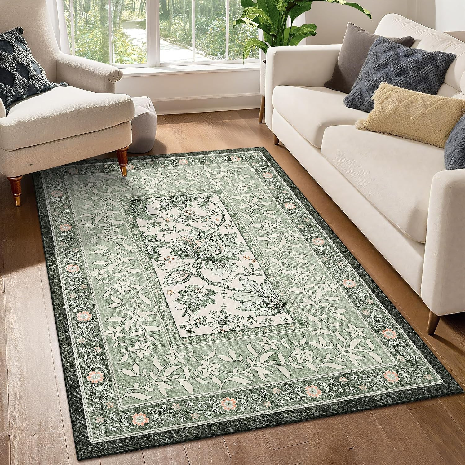 Provence 5X7 Area Rugs, Botanical Grove Sage Green Vintage Cottagecore Non-Slip