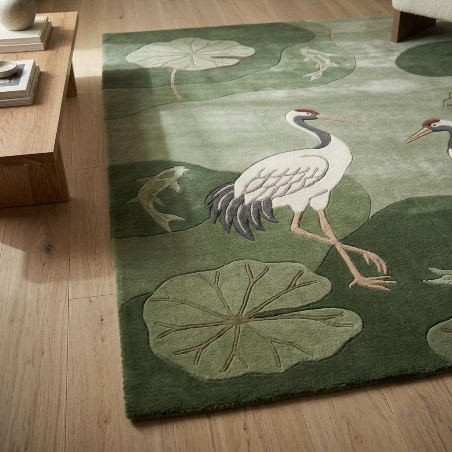 Hand Tufted Wool Area Rug Green Crane Bird Lotus Leaf Rug Nature Living Room Rug