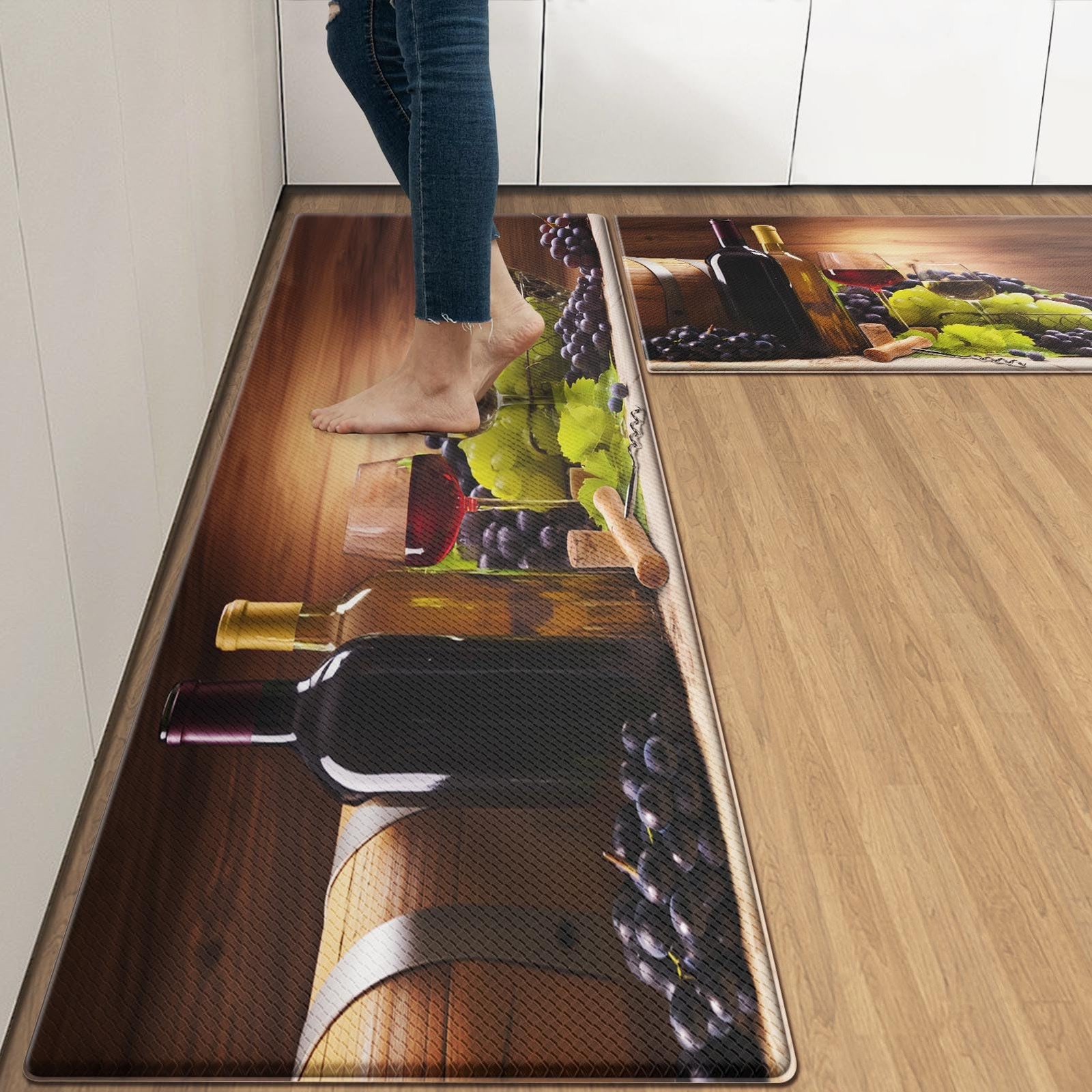 Arttown Red Rose Wine Wooden Anti-Fatigue Kitchen Rug Set 2 Fruit Summer