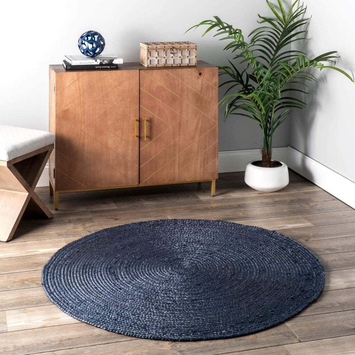 Rug Round Blue Dye 100%Handmade Reversible Decorative 3×3 Feet Braided Floor Rug