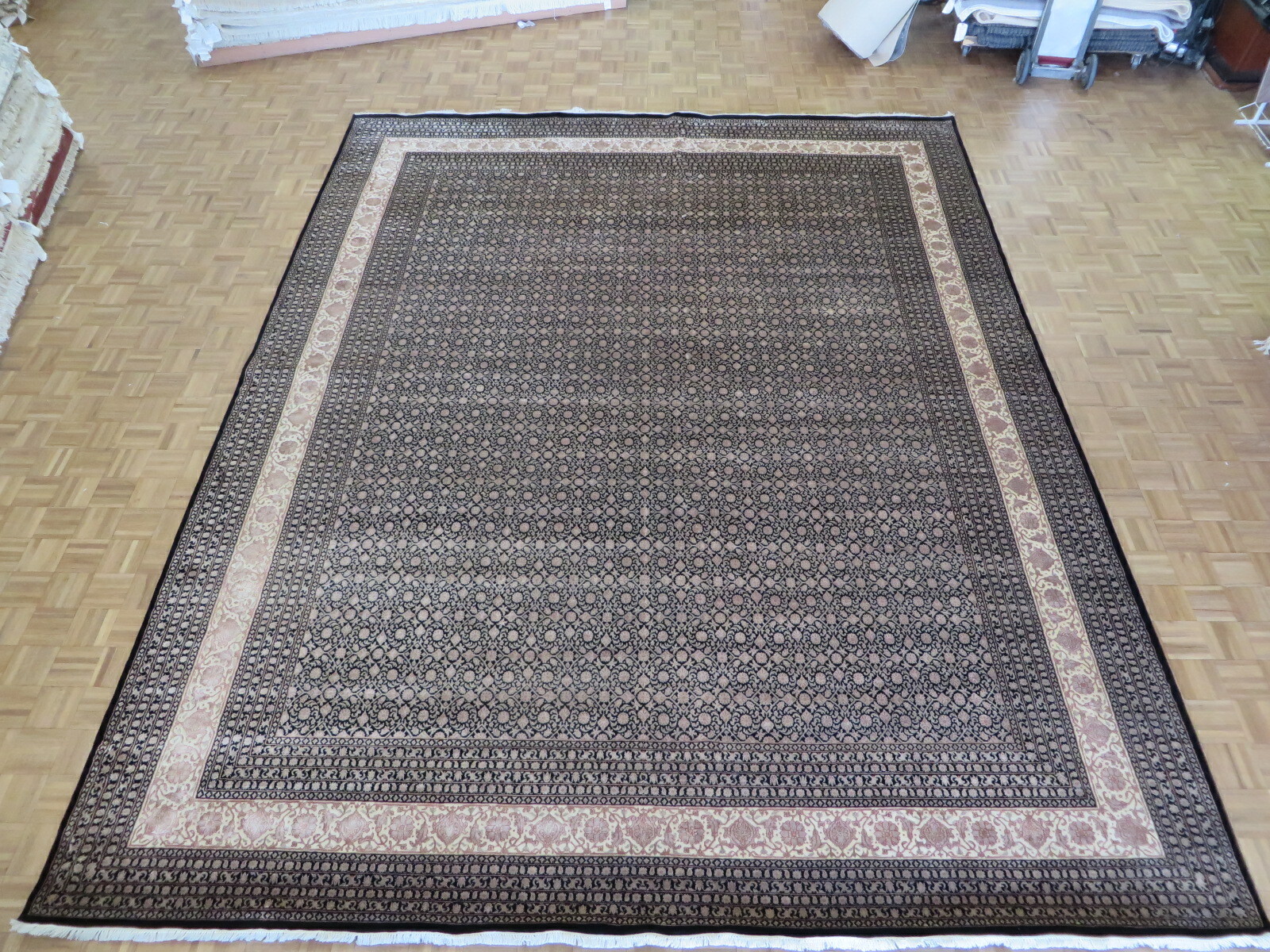 11’8 x 14’9 Hand Knotted Black Fine Herati Tabrez Oriental Rug With Silk G8792