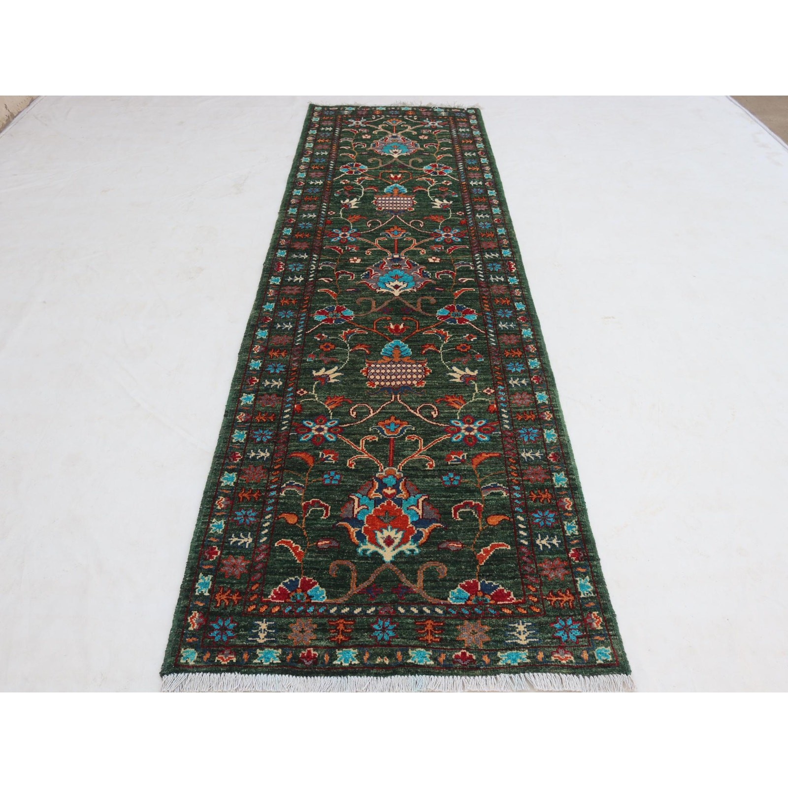 2’8 x 9’4 Ft Afghan Handmade Sultani Runner Rug , Green Sultani Runner Rug