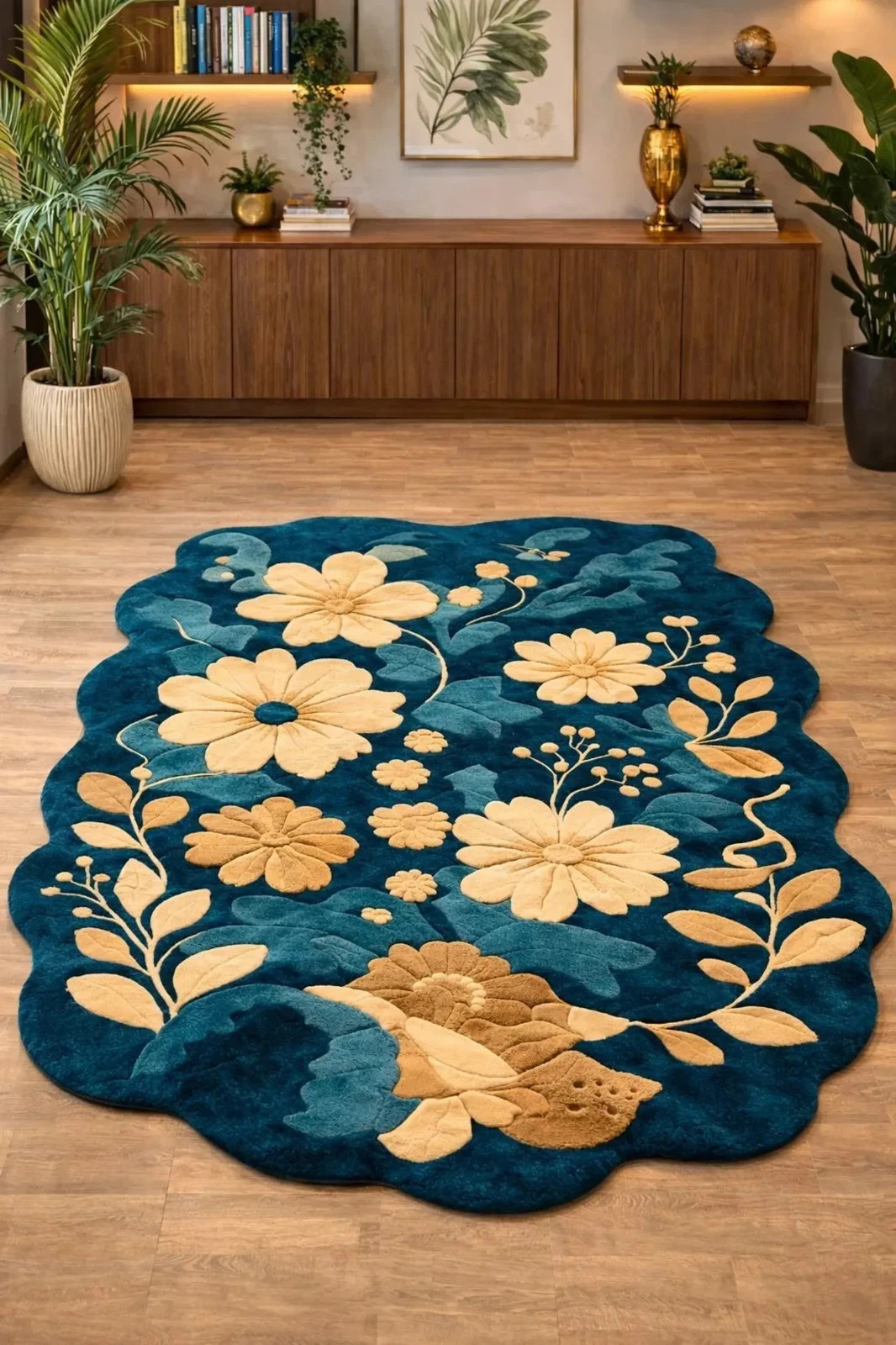 Hand Tufted Teal Floral Rug Organic Shape Botanical Area Design Carpet Rug