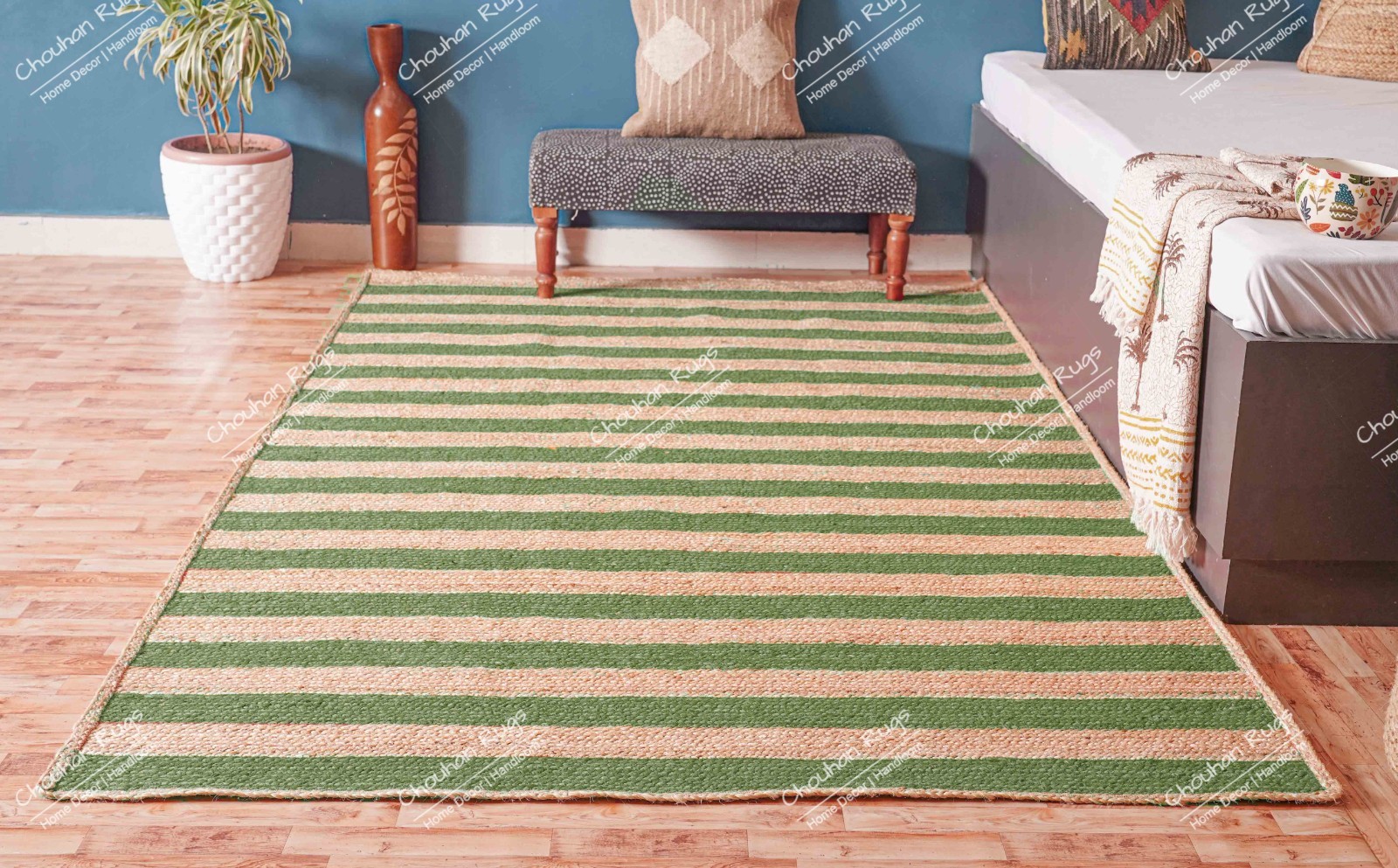 Natural With Dark Green Stripes Jute rug home and living Eco Friendly rug