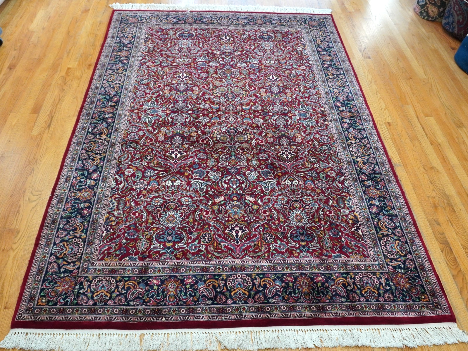 Excellent Vintage Kashann 6′ x 9’3″ Hand Knotted Wool Red Navy Blue Oriental Rug