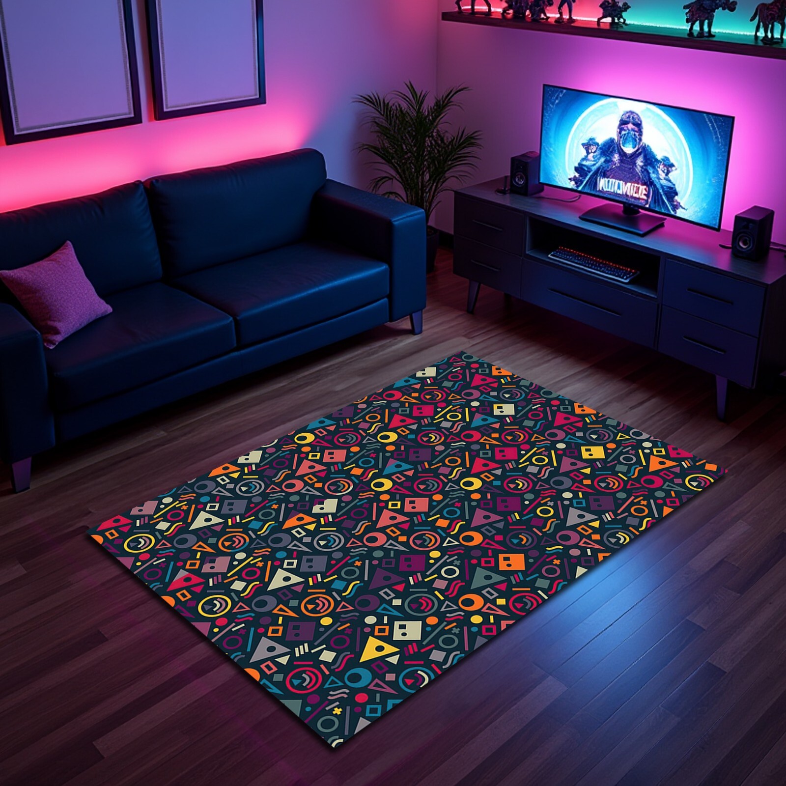 Colorful Retro Arcade Rug Geometric Pattern Game Room Carpet