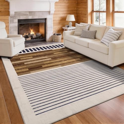 8×10 Washable Area Rugs for Living Room – Brown, Black and White Striped