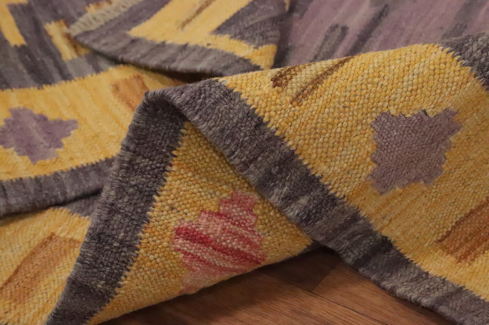 Gold/ Purple Kilim Accent Rug 3×5 Vegetable Dye Geometric Wool Tribal Carpet