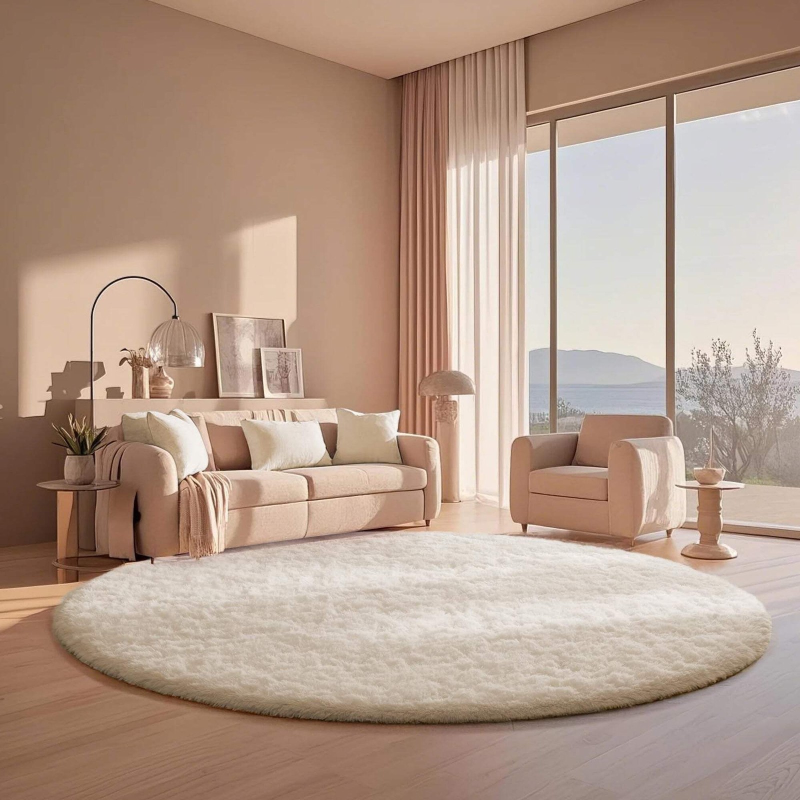 Ophanie 6ft Round Area Rug Plush Shag Circular Bedroom Nursery Rug Ivory Soft Fl