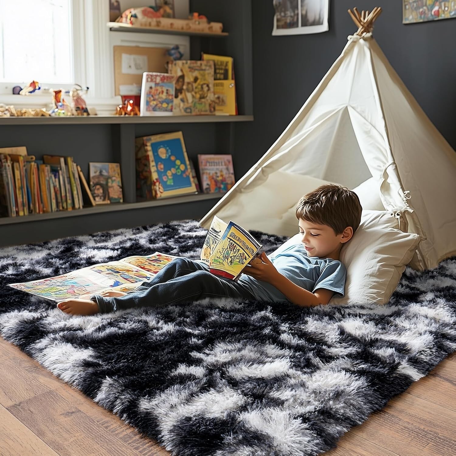 Fluffy Area Rugs Soft Large Black White Plush Carpet for Living & Bedroom Floor