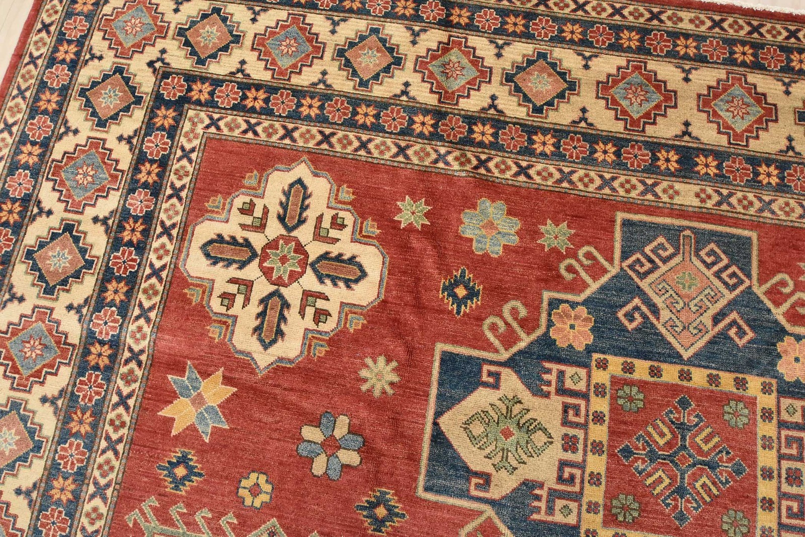 Kazak Rug 11′ x 14’9” Red Wool Tribal Geometric Hand-Knotted Oriental Carpet