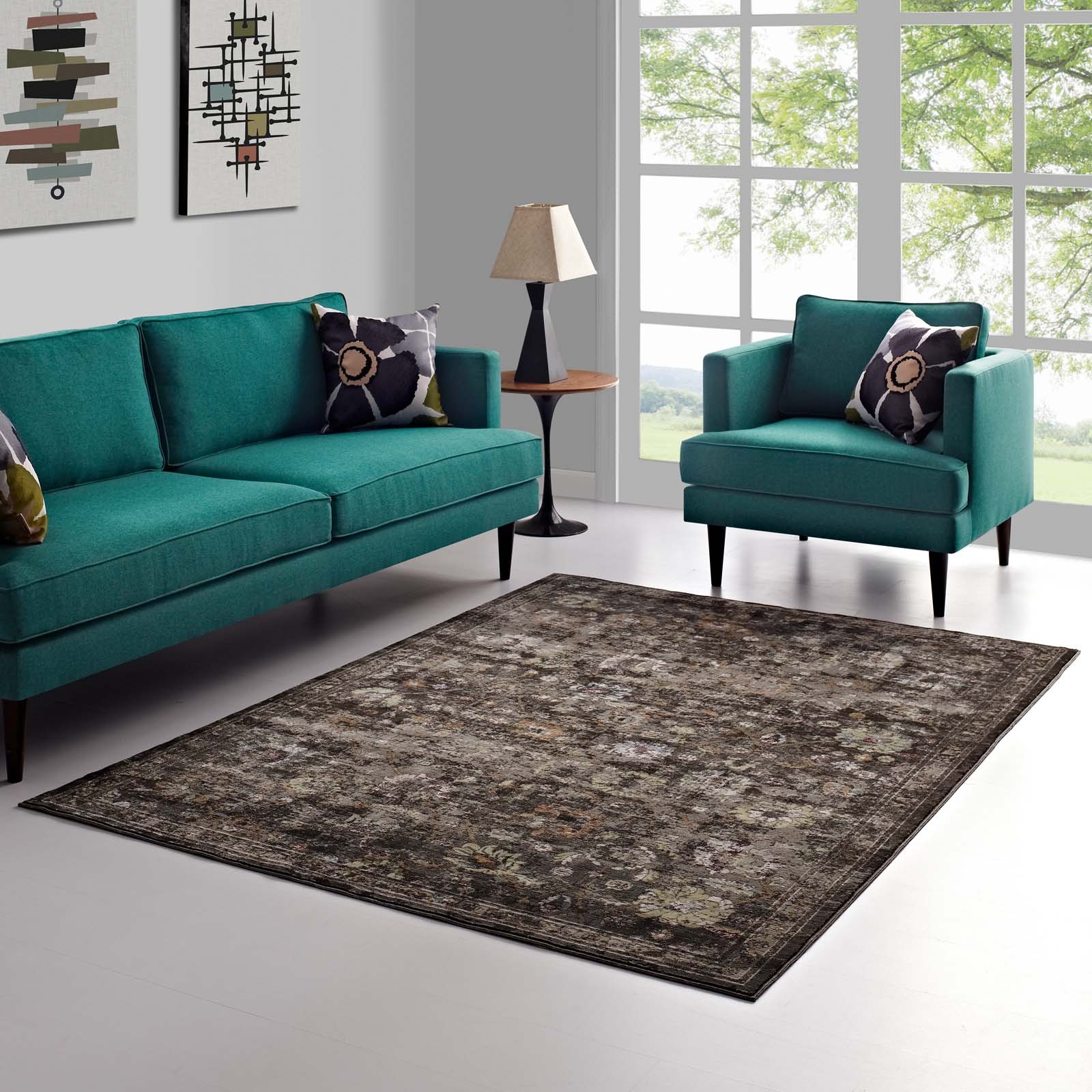 Modway Distressed Floral Lattice 4×6 Area Rug in Black, Yellow and Orange