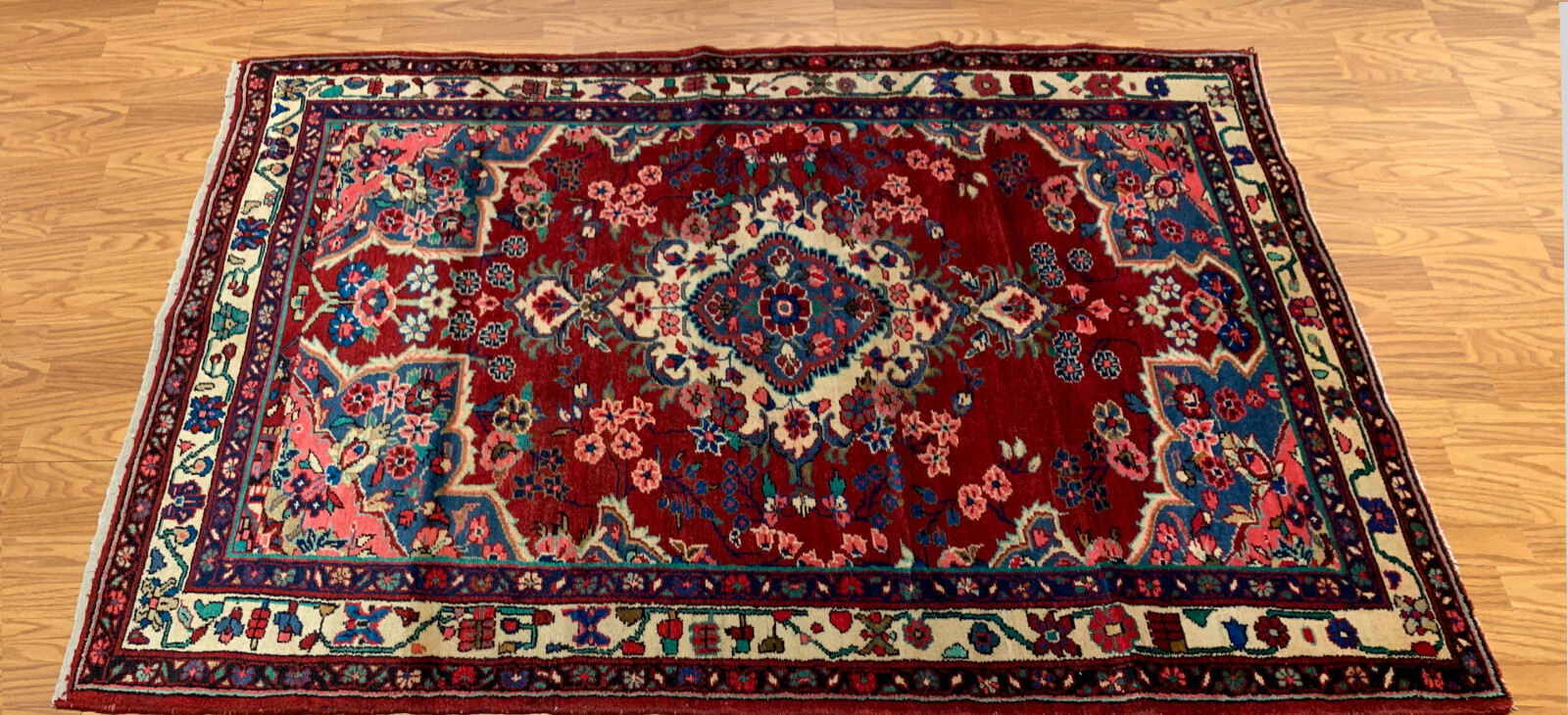 4.2 x 6.9 ft Vintage Tribal Floral Red 100% Wool Vegetable Dye Rug
