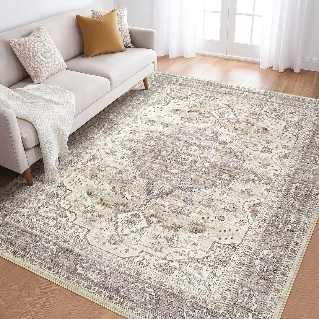 Washable Area Rug, Non-Slip Boho Farmhouse Vintage Carpet, Beige/Brown, 5×7